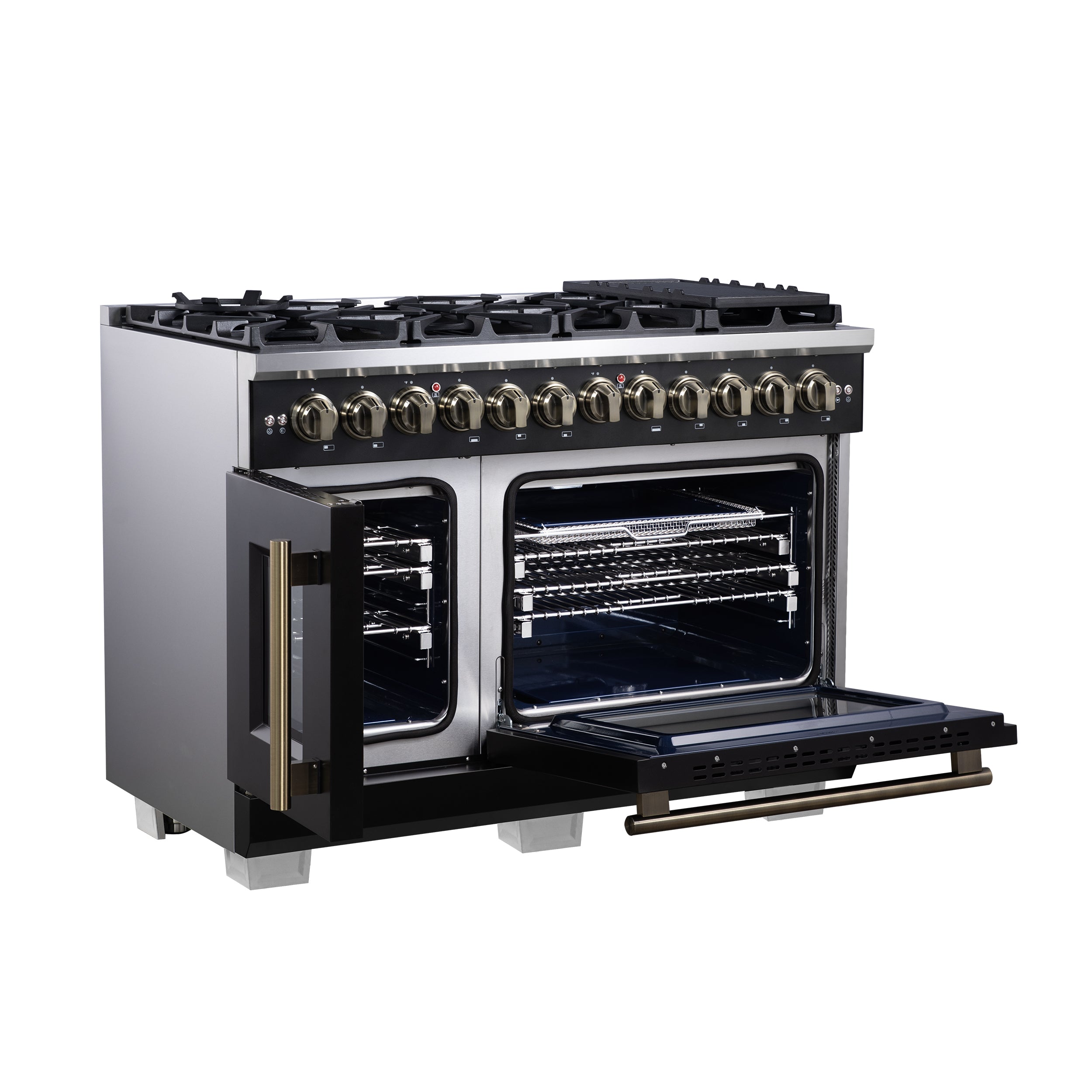 Forno Capriasca 48 in. 6.58 cu. ft. 8-Burner Black French Door Dual Fuel Range with Antique Brass Accents | FFSGS6387-48BLK