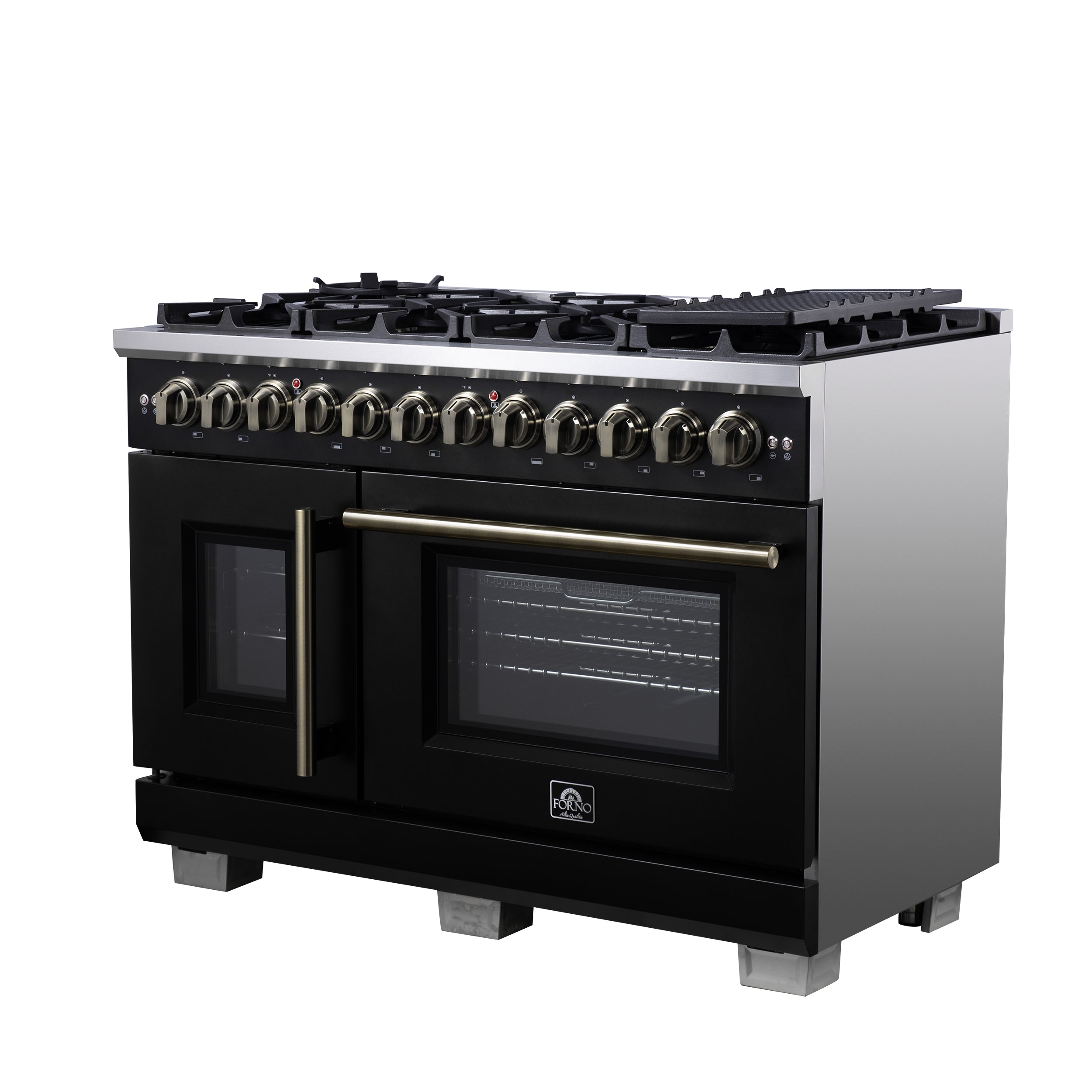 Forno Capriasca 48 in. 6.58 cu. ft. 8-Burner Black French Door Dual Fuel Range with Antique Brass Accents | FFSGS6387-48BLK