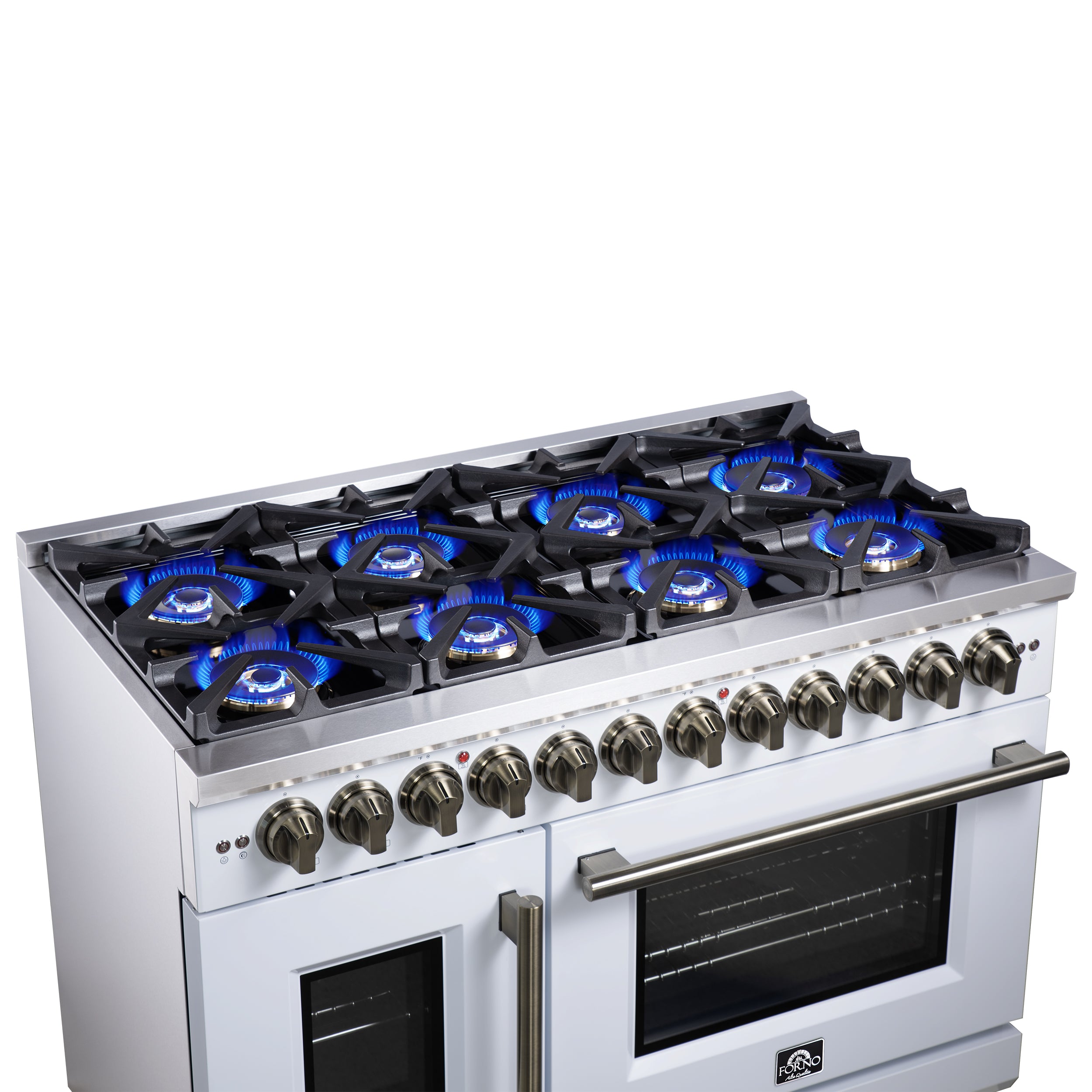 Forno Capriasca 48 in. 6.58 cu. ft. 8-Burner White French Door Dual Fuel Range with Antique Brass Accents | FFSGS6387-48WHT