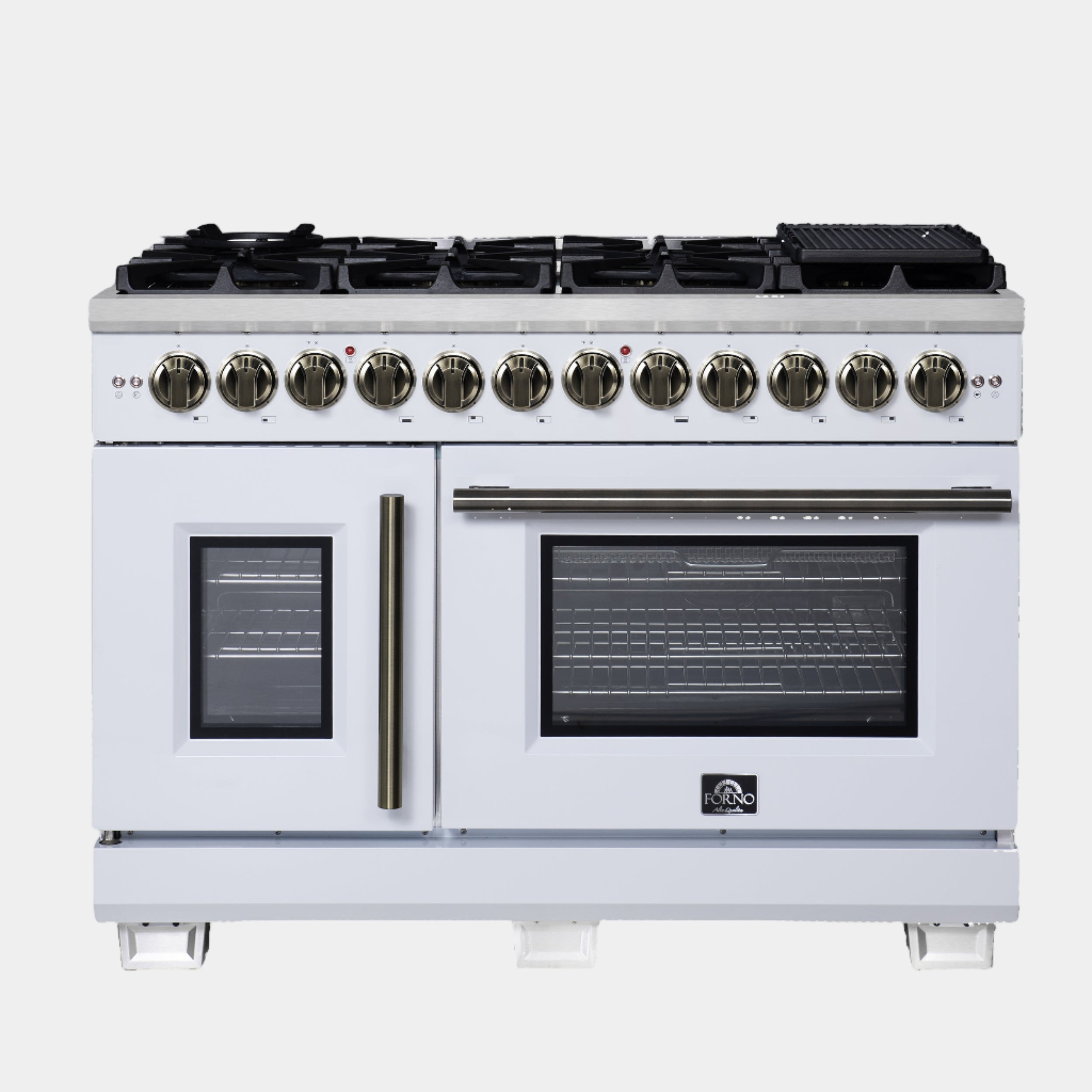 Forno Capriasca 48 in. 6.58 cu. ft. 8-Burner White French Door Dual Fuel Range with Antique Brass Accents | FFSGS6387-48WHT