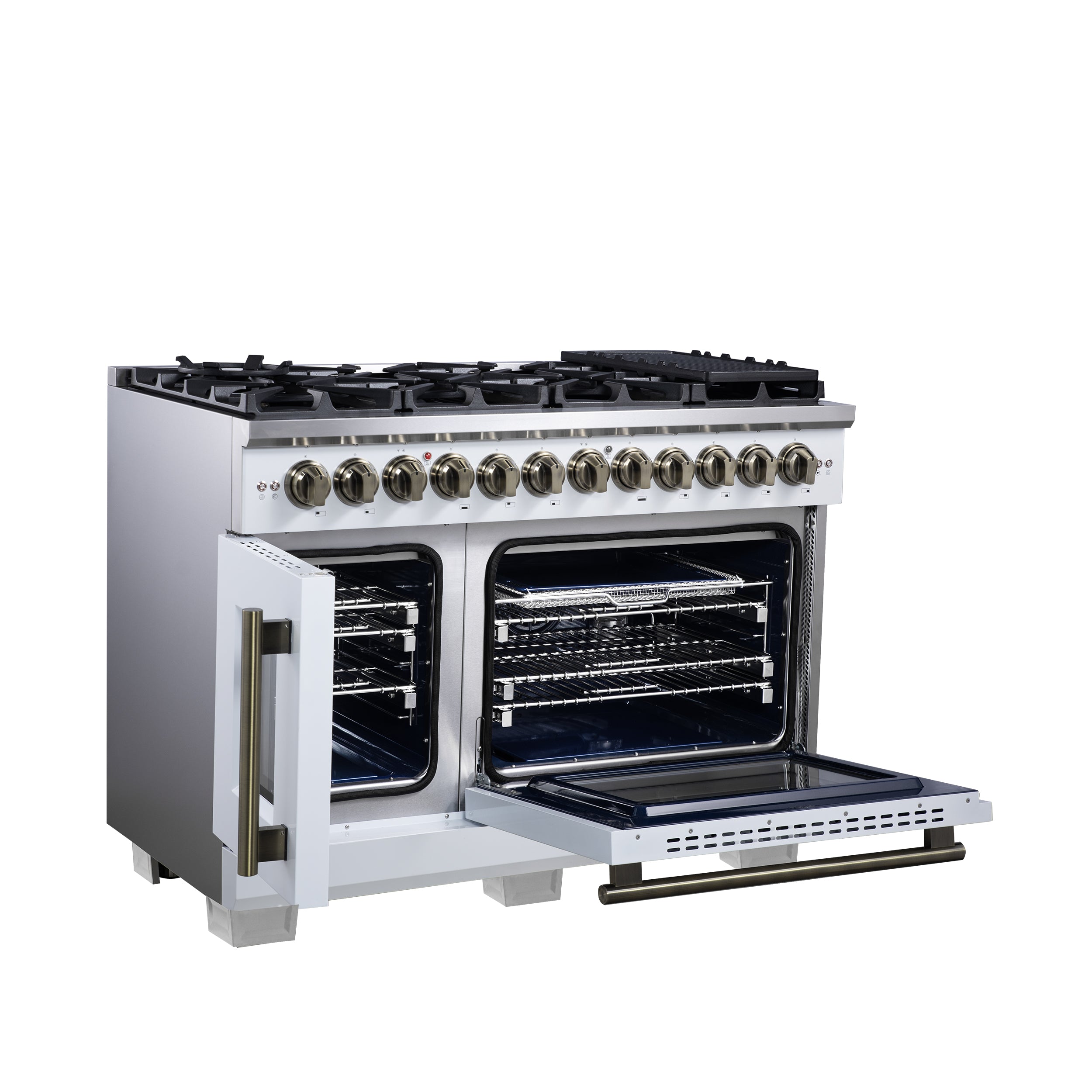 Forno Capriasca 48 in. 6.58 cu. ft. 8-Burner White French Door Dual Fuel Range with Antique Brass Accents | FFSGS6387-48WHT