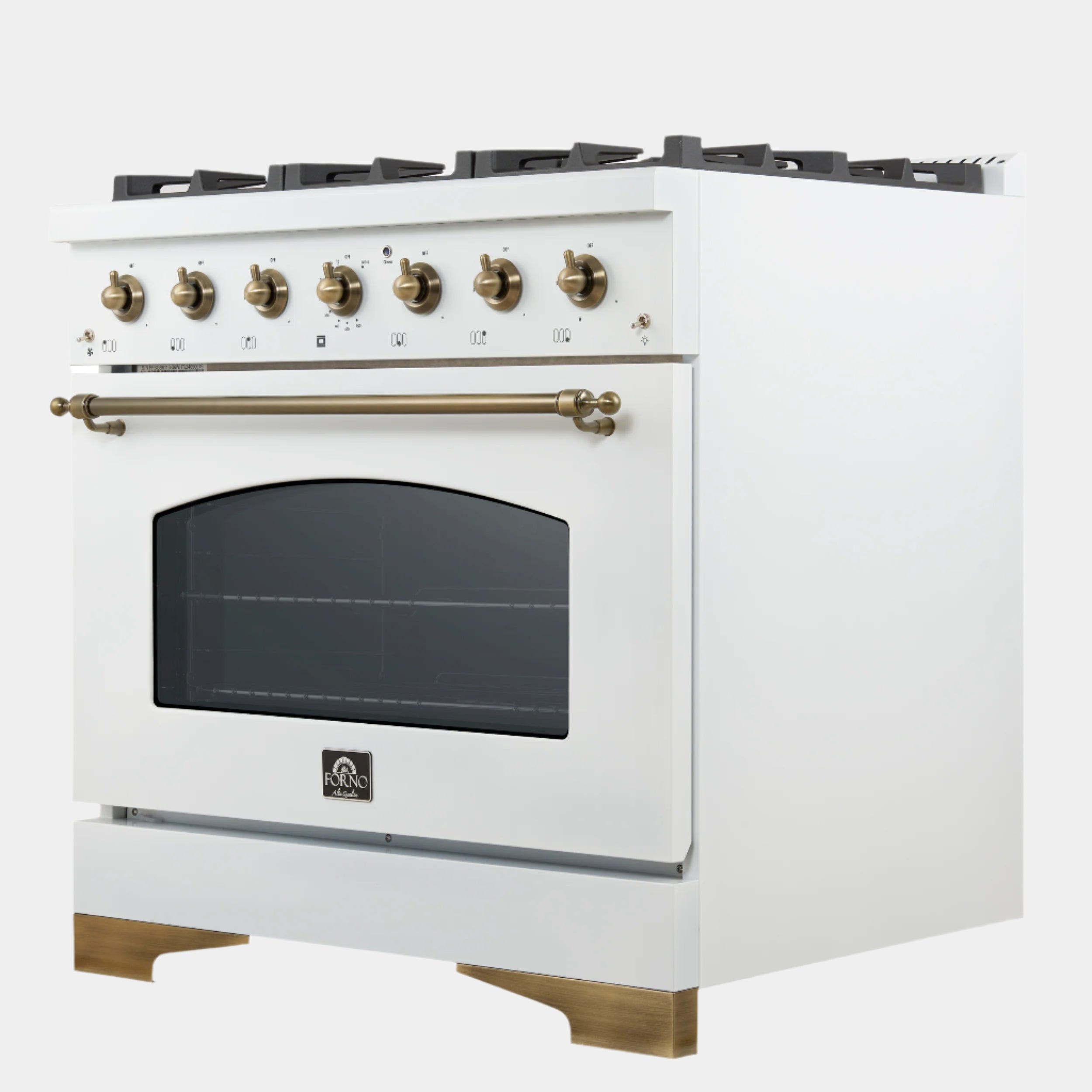 Forno Antico 36-inch Dual Fuel Range White and Antique Brass Design with 6 Sealed Gas Burners and Electric Convection Oven