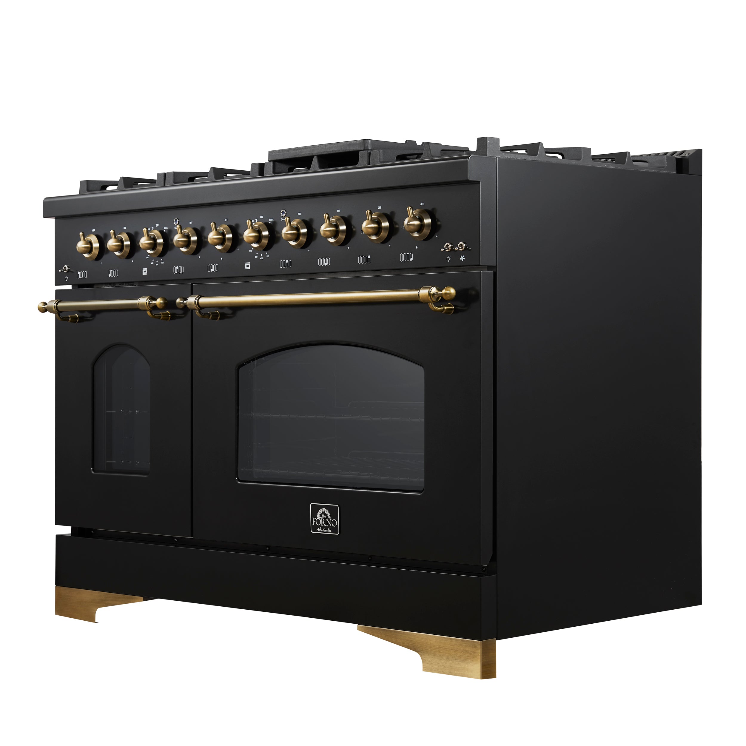 Forno Antico 48 in. 8-Burner black Dual Fuel Range With Antique Brass Accents and Griddle 5.5 cu. ft | FFSGS6113-48BLK