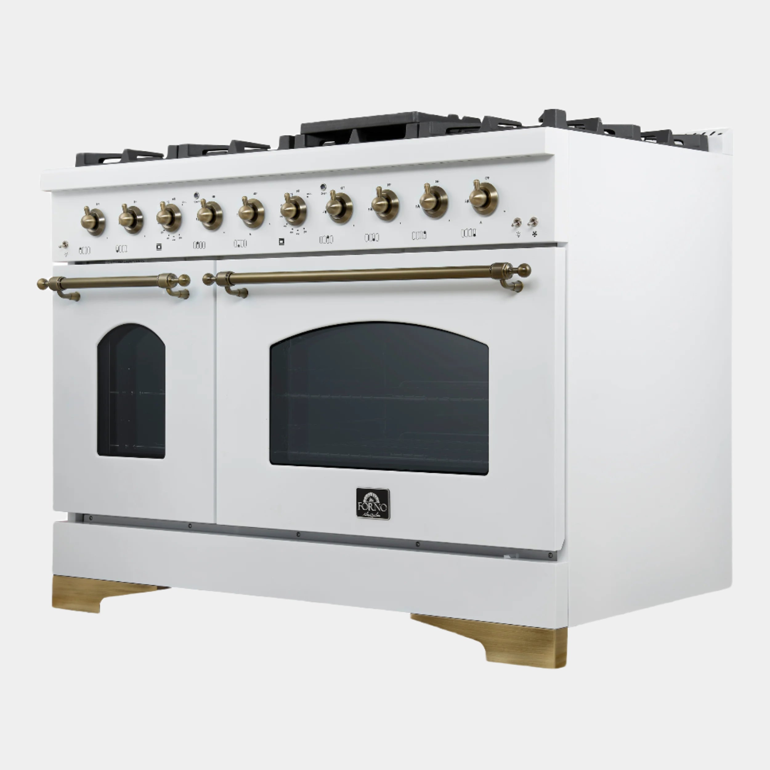 Forno Antico 48-Inch Dual Fuel Range, White with Antique Brass Finish, 8 Burners, 94,000 BTU, 5.5 cu.ft. Double Ovens & Griddle