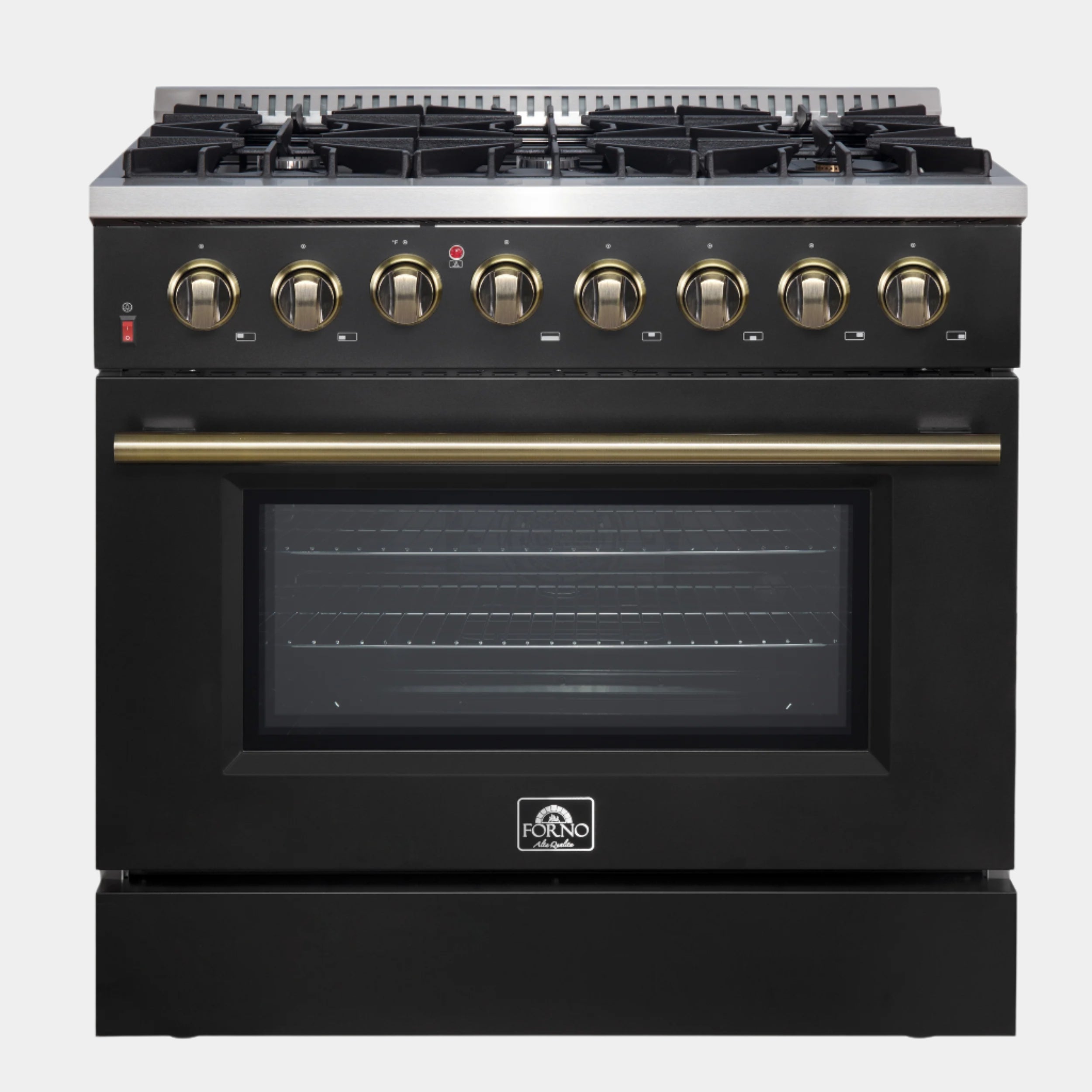 Forno Galiano 36-inch Dual Fuel Range in Black & Antique Brass Design, 6 Sealed Burners 83,000 BTU, 5.36 cu.ft. True Convection Oven