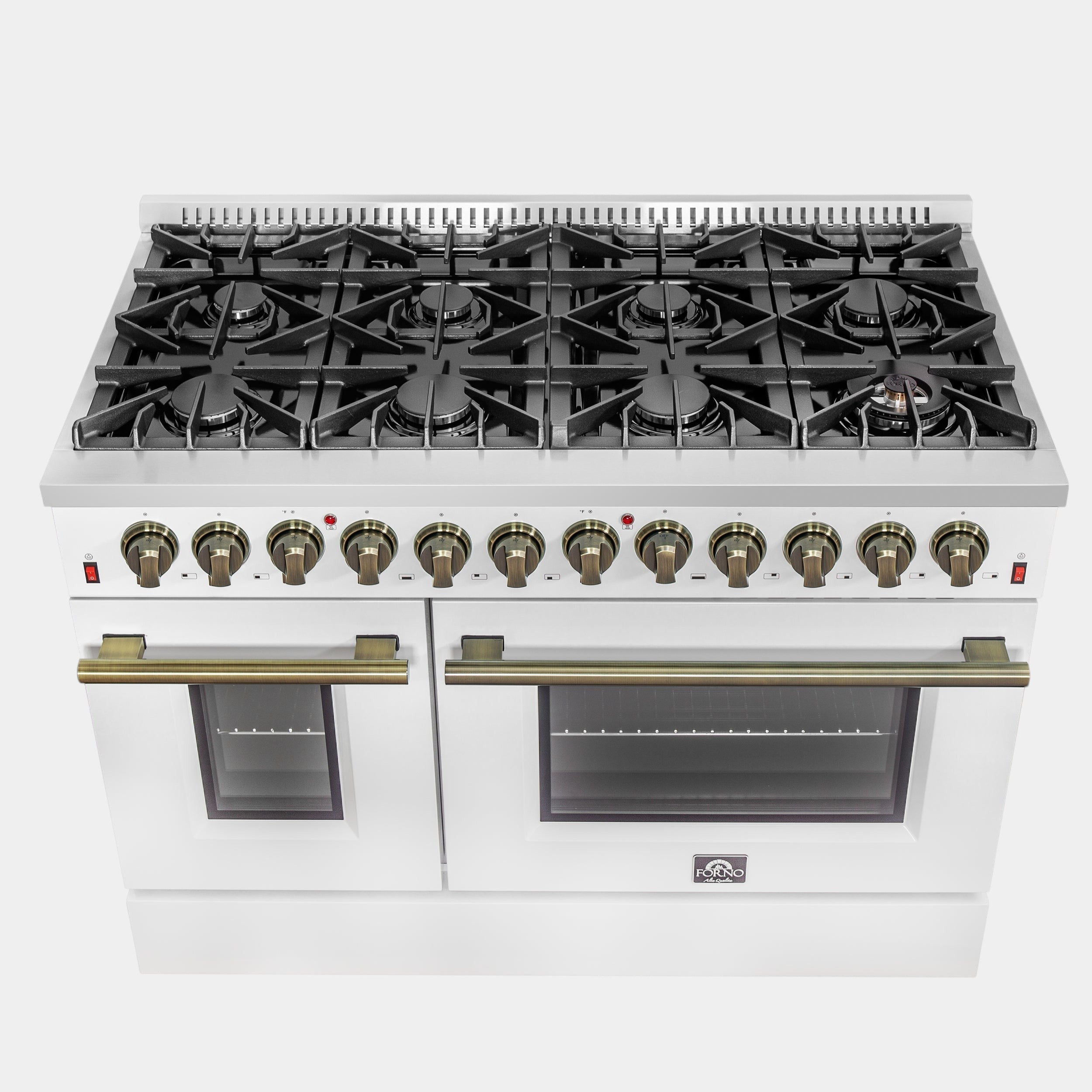 Forno Galiano 48 in. 6.58 cu. ft. 8-Burner White Dual Fuel Range with Antique Brass Accents | FFSGS6156-48