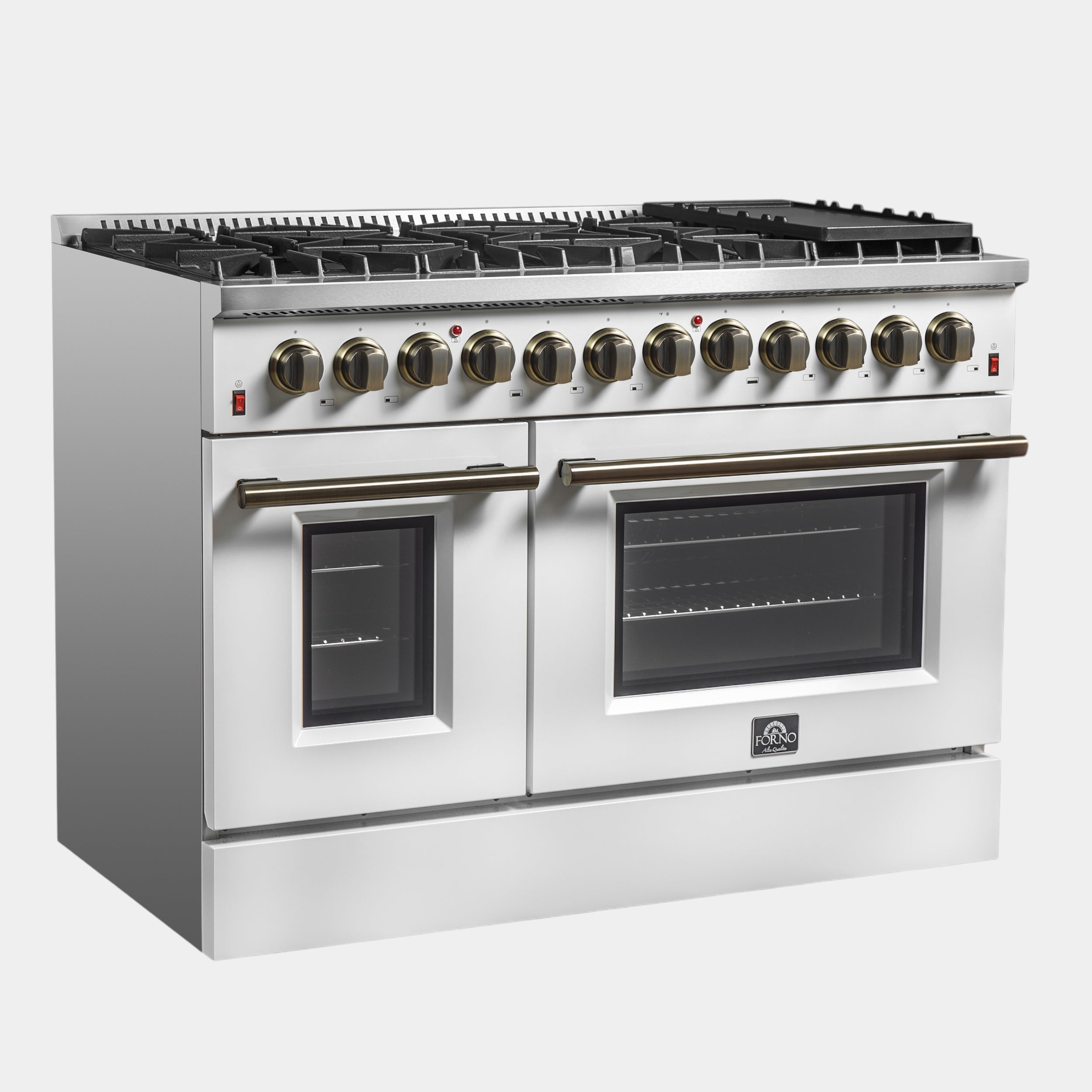 Forno Galiano 48 in. 6.58 cu. ft. 8-Burner White Dual Fuel Range with Antique Brass Accents | FFSGS6156-48