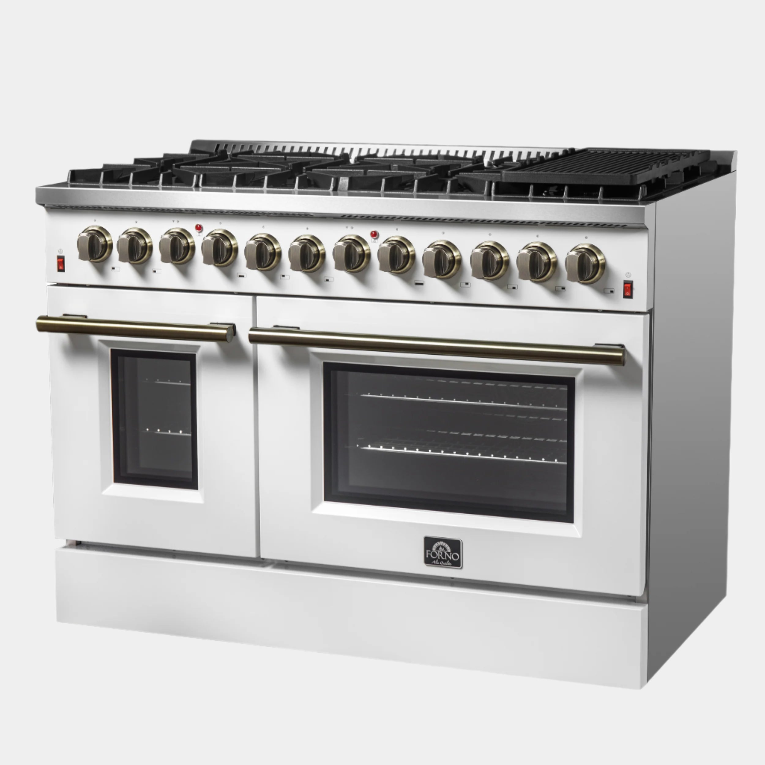 Galiano 48-inch Dual Fuel Range White & Antique Brass Design with 8 Sealed Burners 107,000 BTU, 6.58 cu. ft. double ovens & Griddle