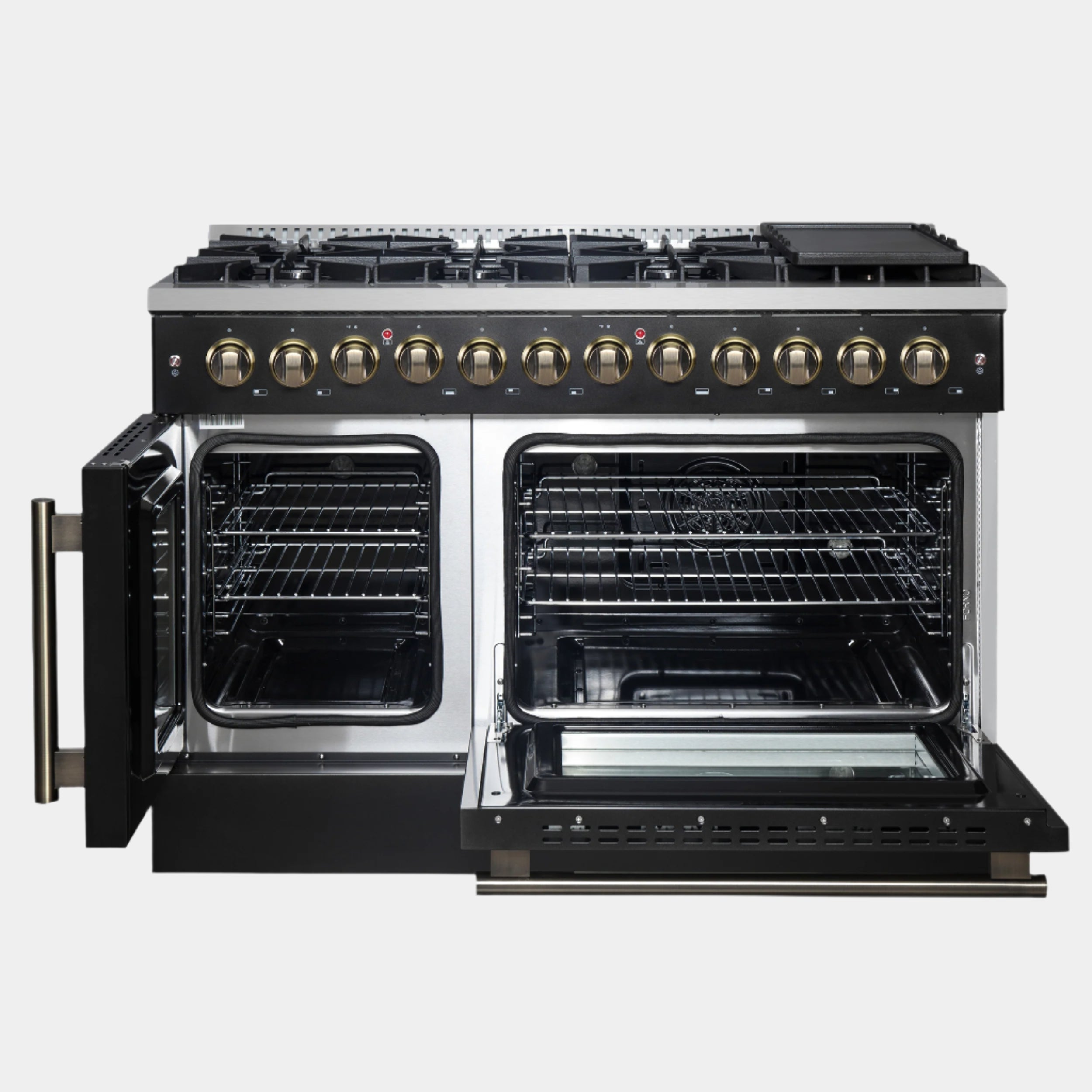 Forno Galiano 48-inch French Door Dual Fuel Range, Black & Antique Brass Design, 8 Sealed Burners - 107,000 BTU, Griddle, 6.58 cu.ft. Double Ovens