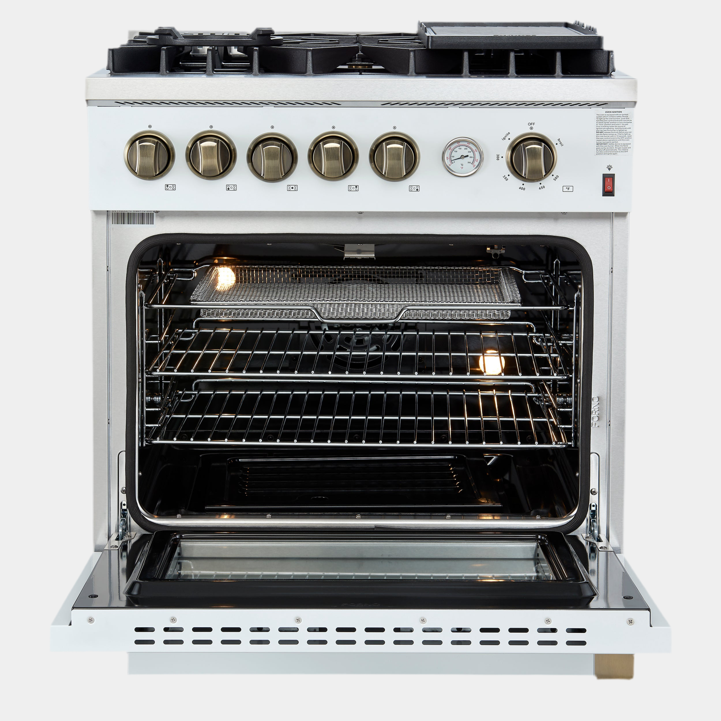 Giovanni 30-inch Gas Range White & Antique Brass Design, 5 Burners 67,000 BTU, 4.32 cu.ft. Convection Oven