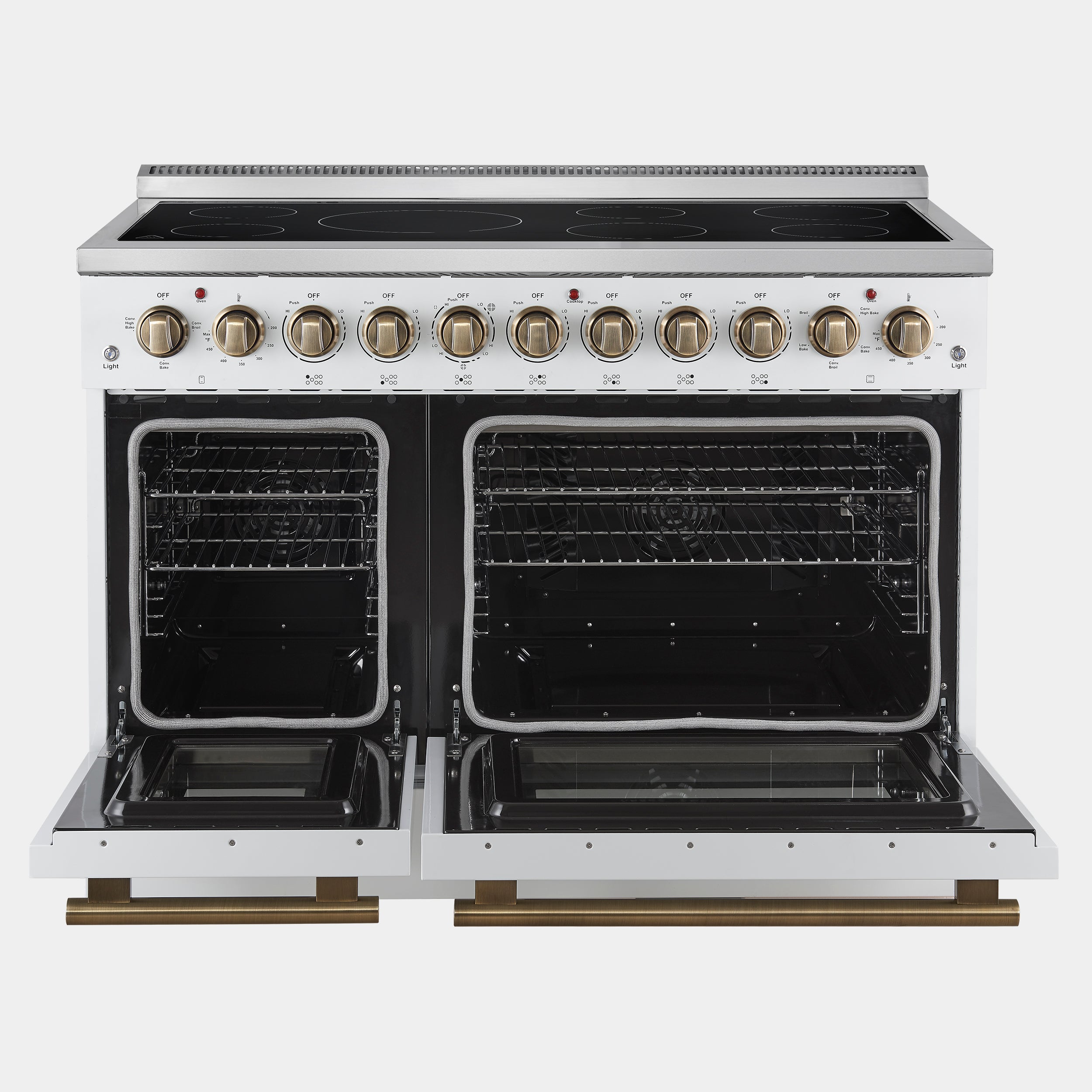 Forno Paolo 48 in. 6.7 cu. ft. White Electric Range with Antique Brass Accents | FFSEL6011-48WHT