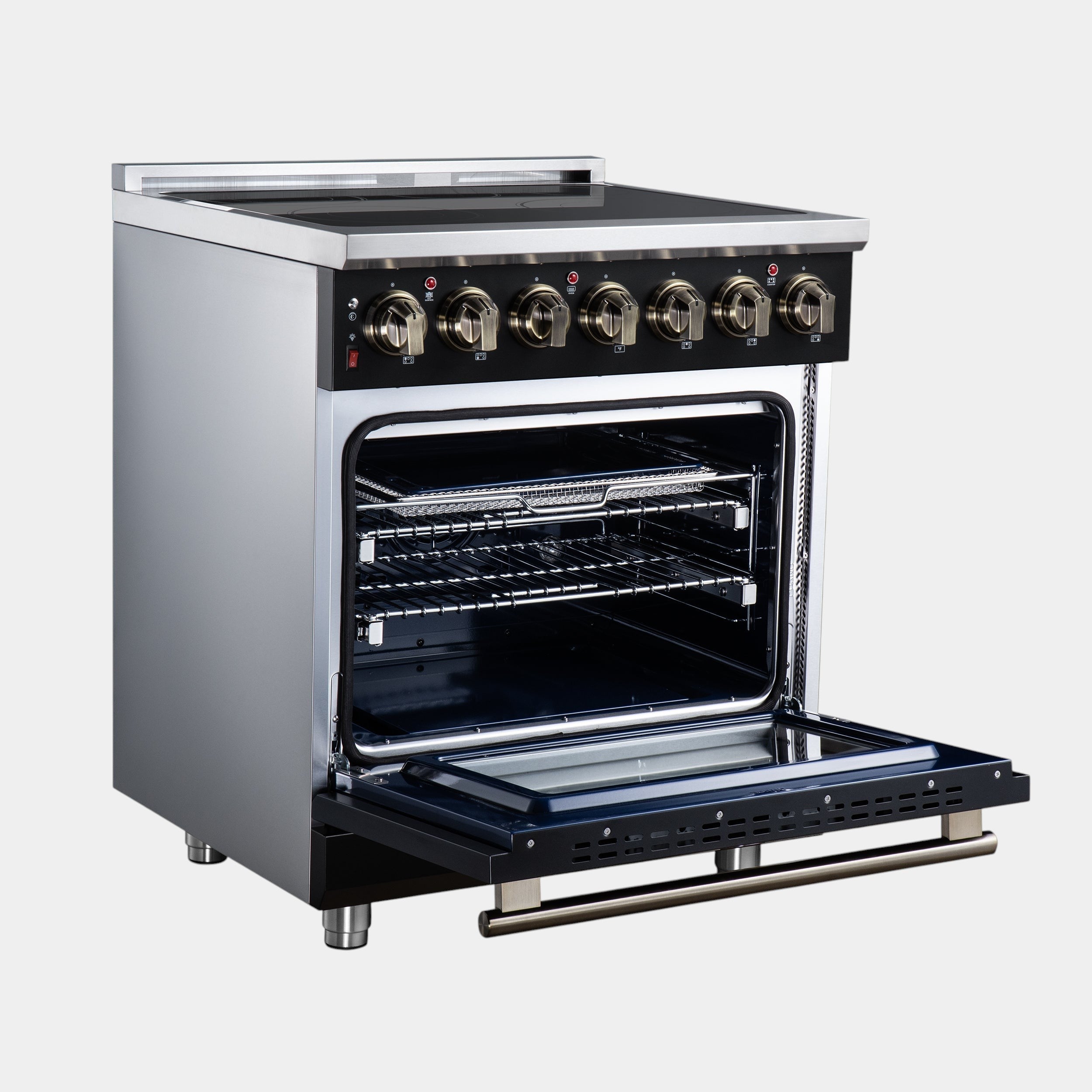 Massimo 30 Inch Freestanding Electric range, 5 radiant burners, 4.32 cf. True Convection oven, Air fryer kit, Black