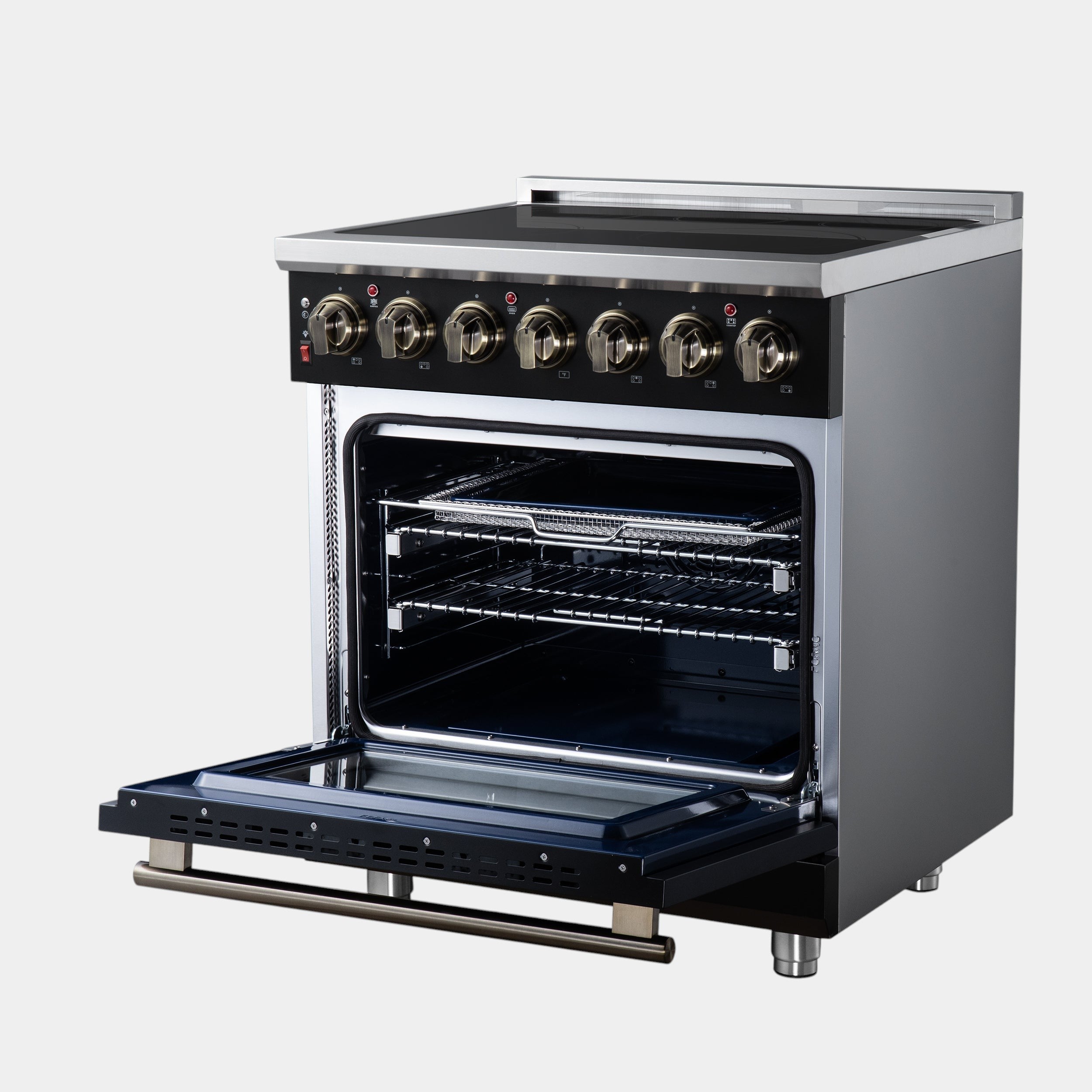 Massimo 30 Inch Freestanding Electric range, 5 radiant burners, 4.32 cf. True Convection oven, Air fryer kit, Black