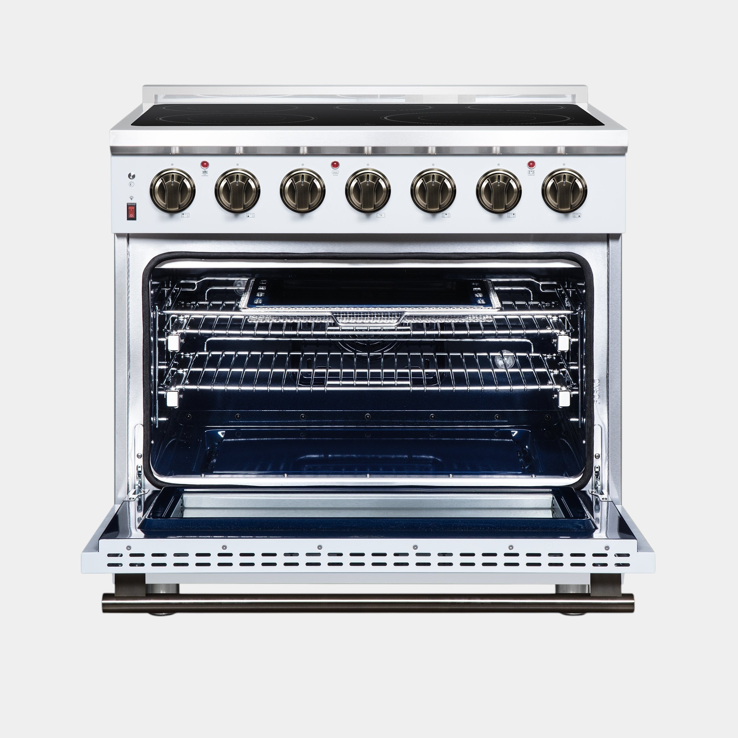 Forno Massimo 36 in. 5.36 cu. ft. White Electric Range with Air Fry and Antique Brass Accents | FFSEL6020-36WHT