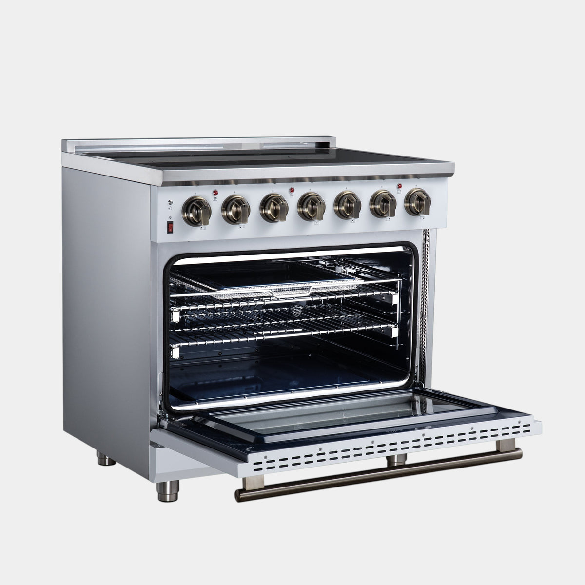 Forno Massimo 36 in. 5.36 cu. ft. White Electric Range with Air Fry and Antique Brass Accents | FFSEL6020-36WHT
