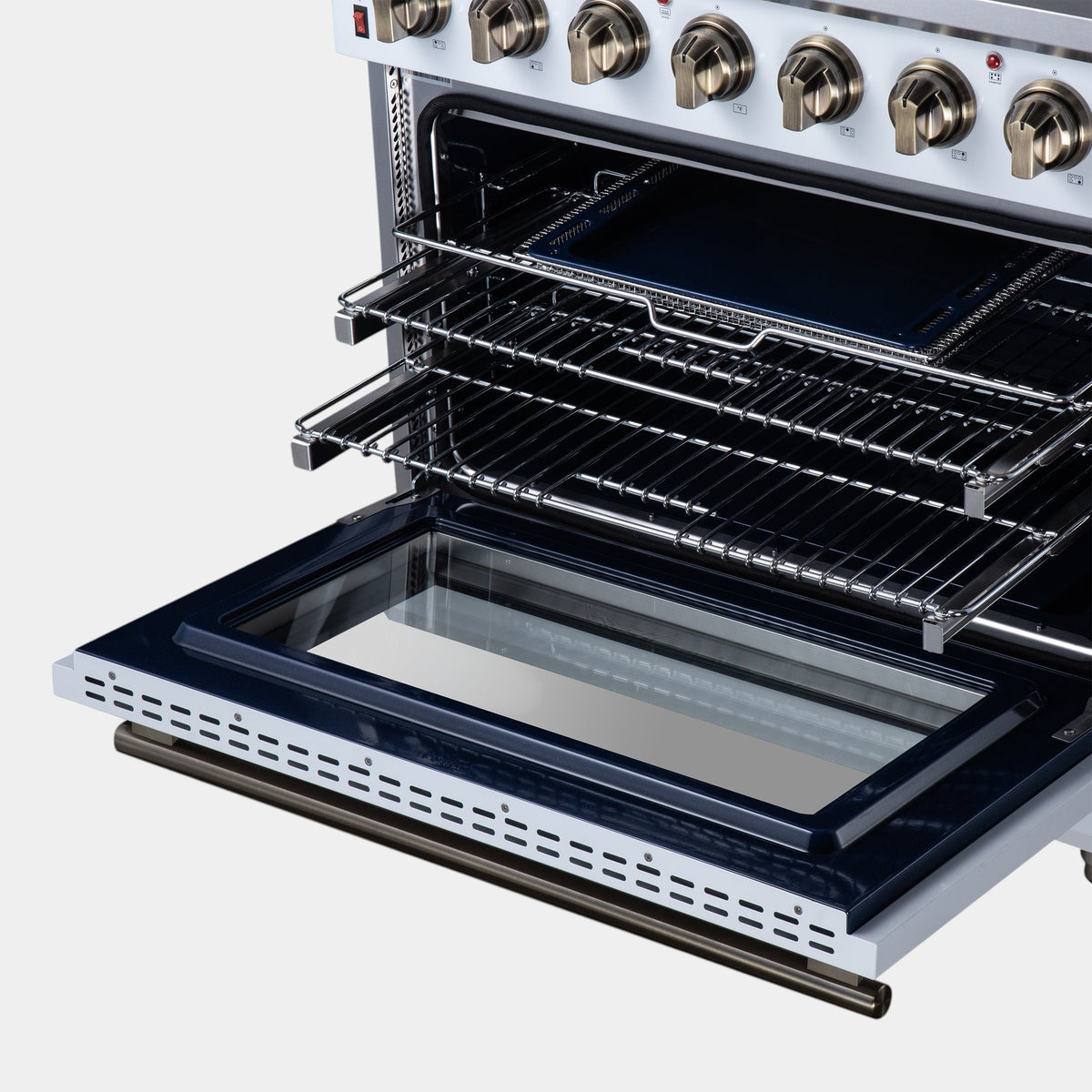 Forno Massimo 36 in. 5.36 cu. ft. White Electric Range with Air Fry and Antique Brass Accents | FFSEL6020-36WHT