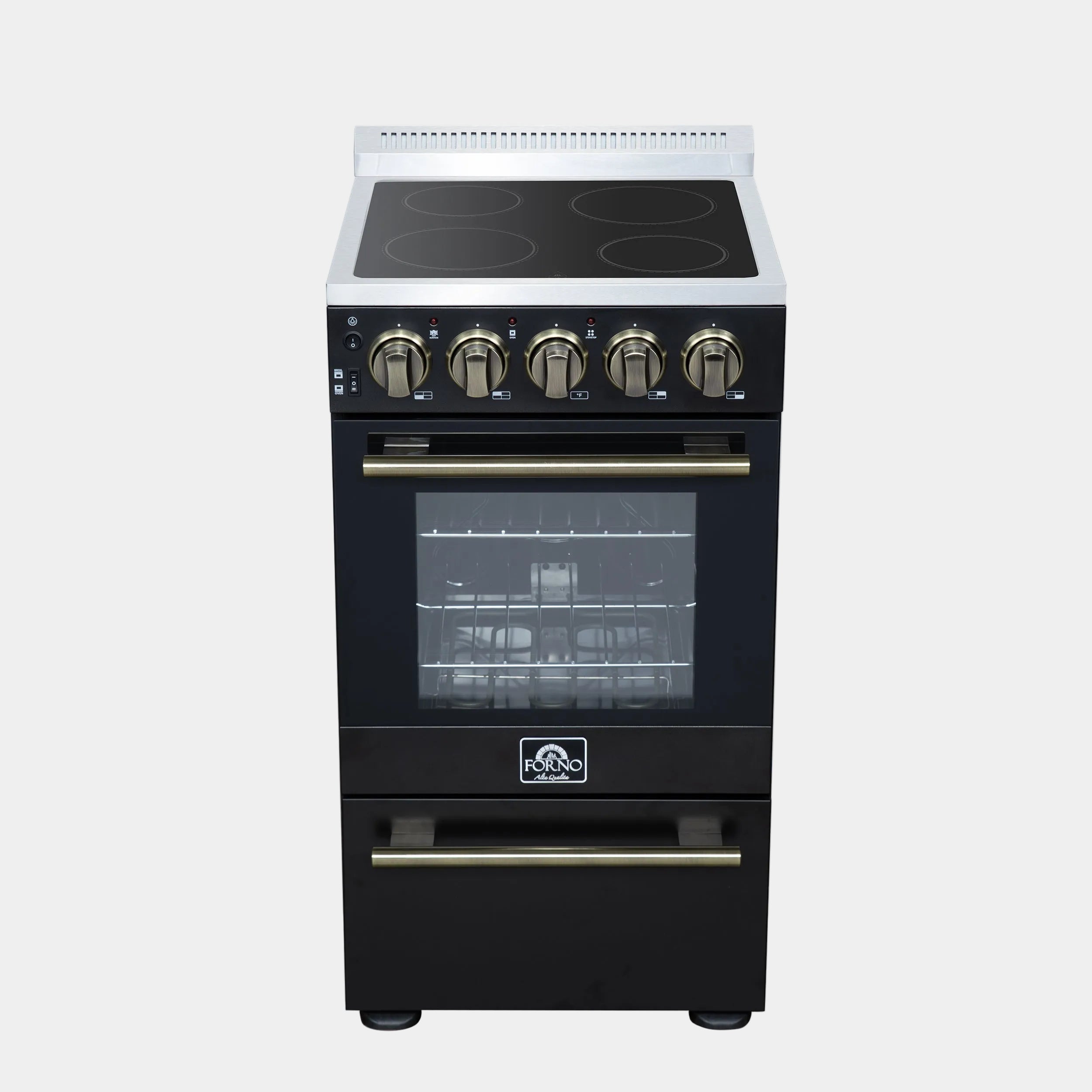 Forno Pallerano 20 in. 2.05 cu.ft. Black Electric Range with 4 Burners, Storage Drawer and Antique Brass Accents | FFSEL6052-20BLK