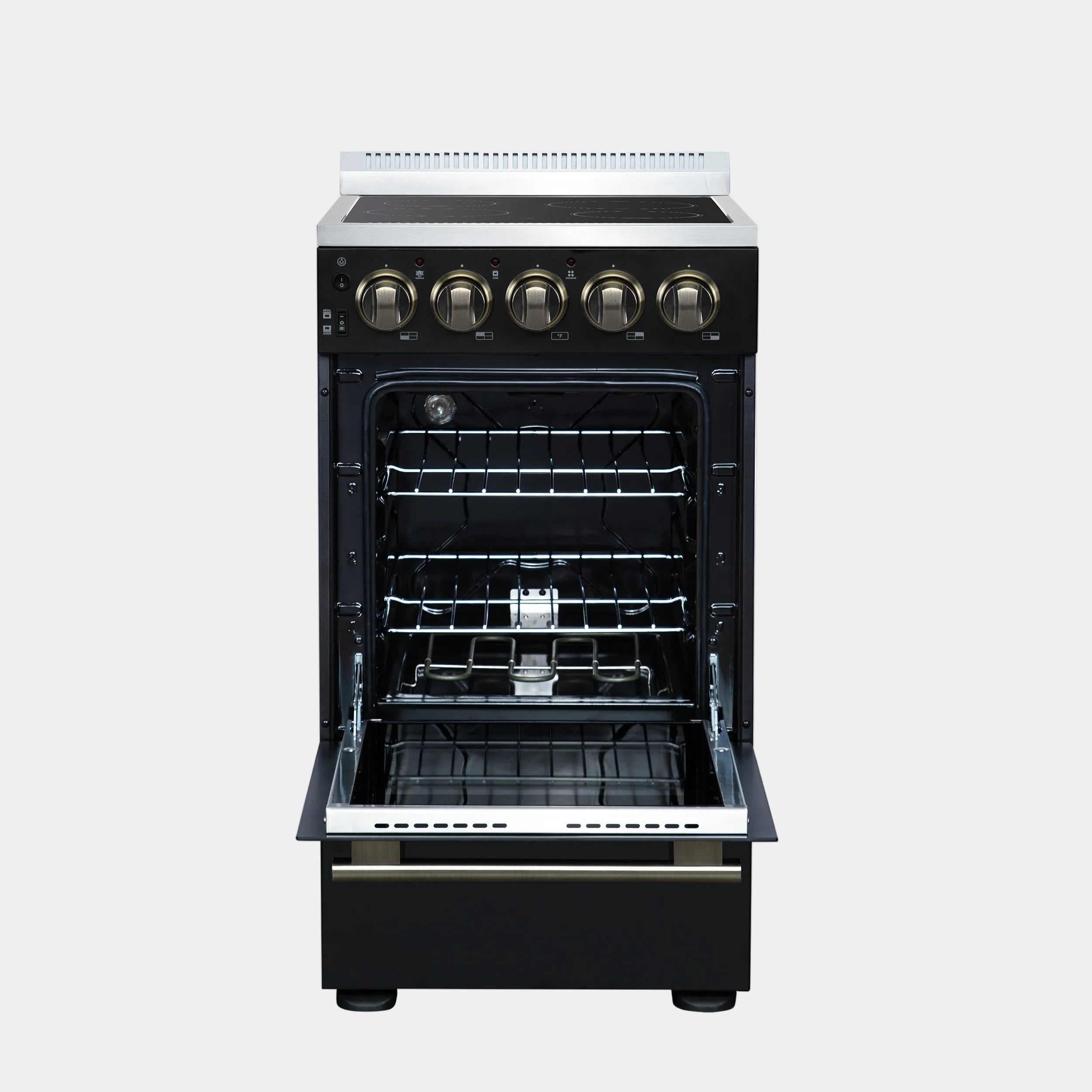 Forno Pallerano 20 in. 2.05 cu.ft. Black Electric Range with 4 Burners, Storage Drawer and Antique Brass Accents | FFSEL6052-20BLK