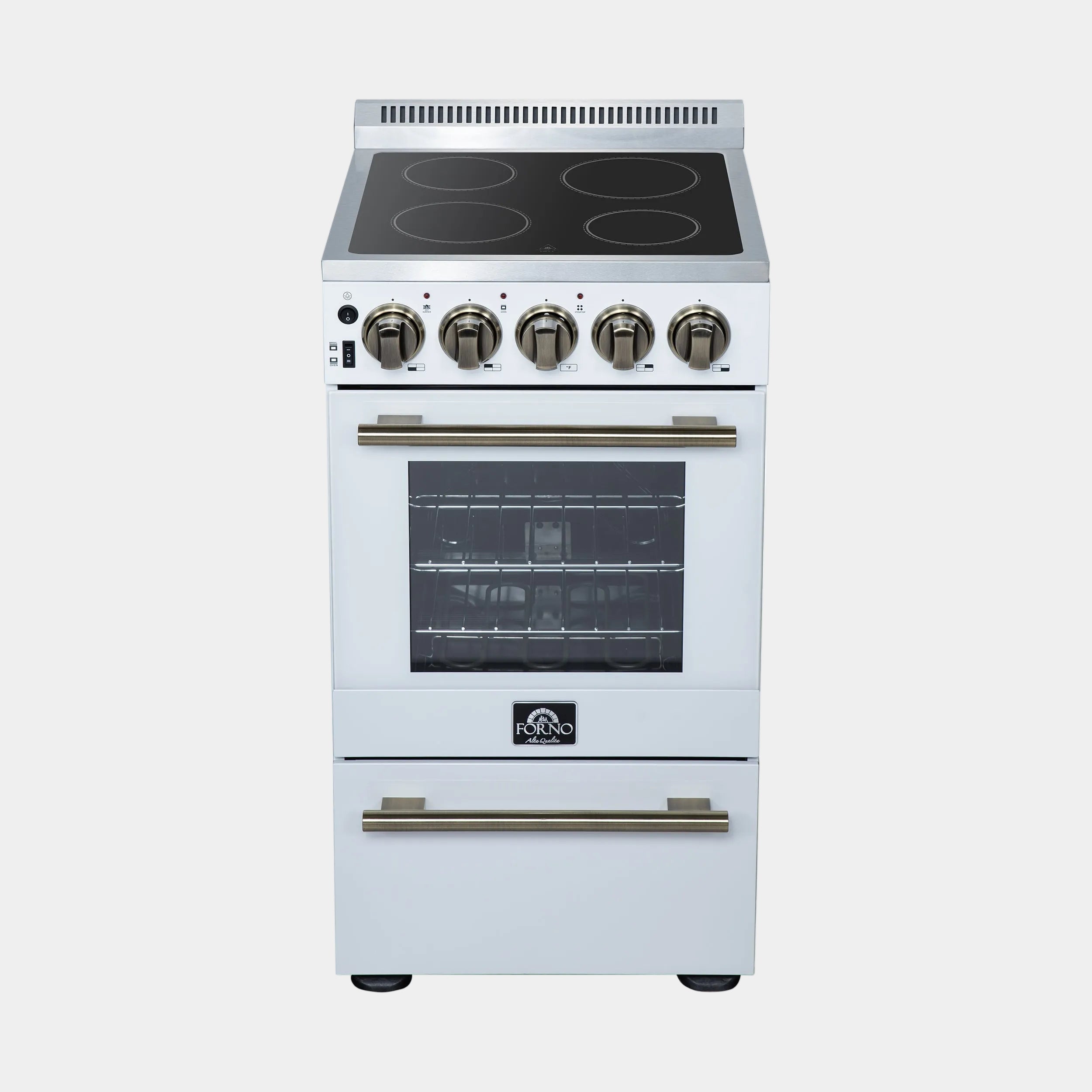 Forno Pallerano 20 in. 2.05 cu.ft. White Electric Range with 4 Burners, Storage Drawer and Antique Brass Accents | FFSEL6052-20WHT