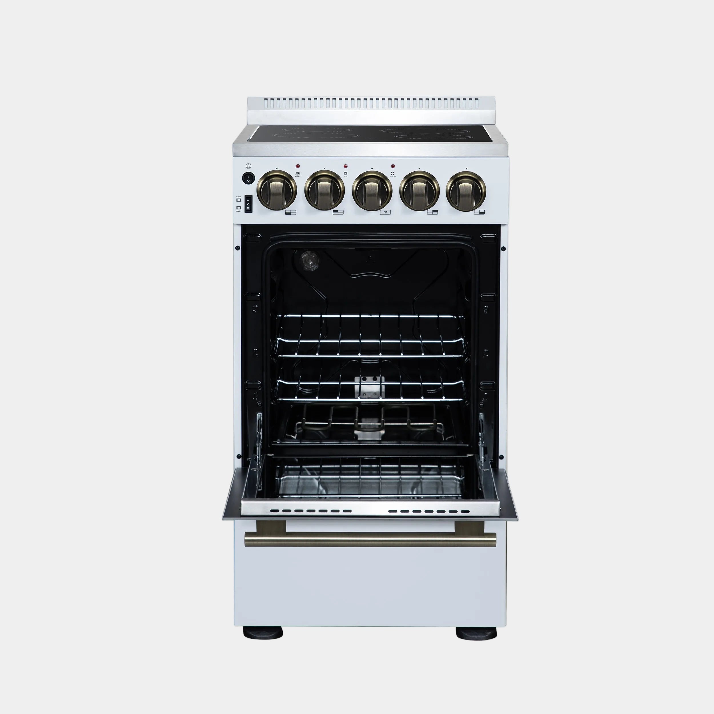Forno Pallerano 20 in. 2.05 cu.ft. White Electric Range with 4 Burners, Storage Drawer and Antique Brass Accents | FFSEL6052-20WHT