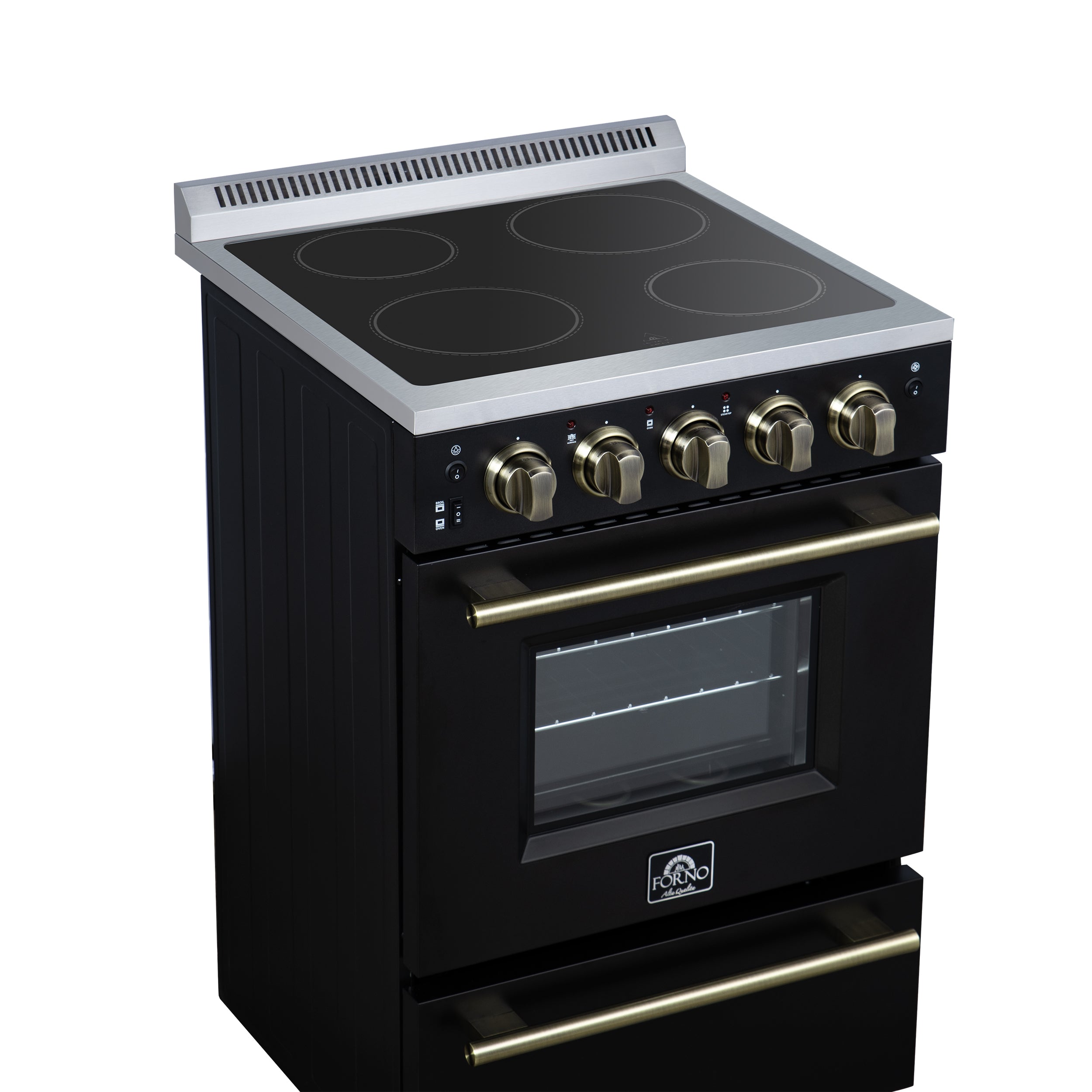 Forno Loiano 24 in. 2.3 cu.ft. Black Electric Range with 4 Burners, Air Fry Kit, Storage Drawer and Antique Brass Accents | FFSEL6069-24BLK