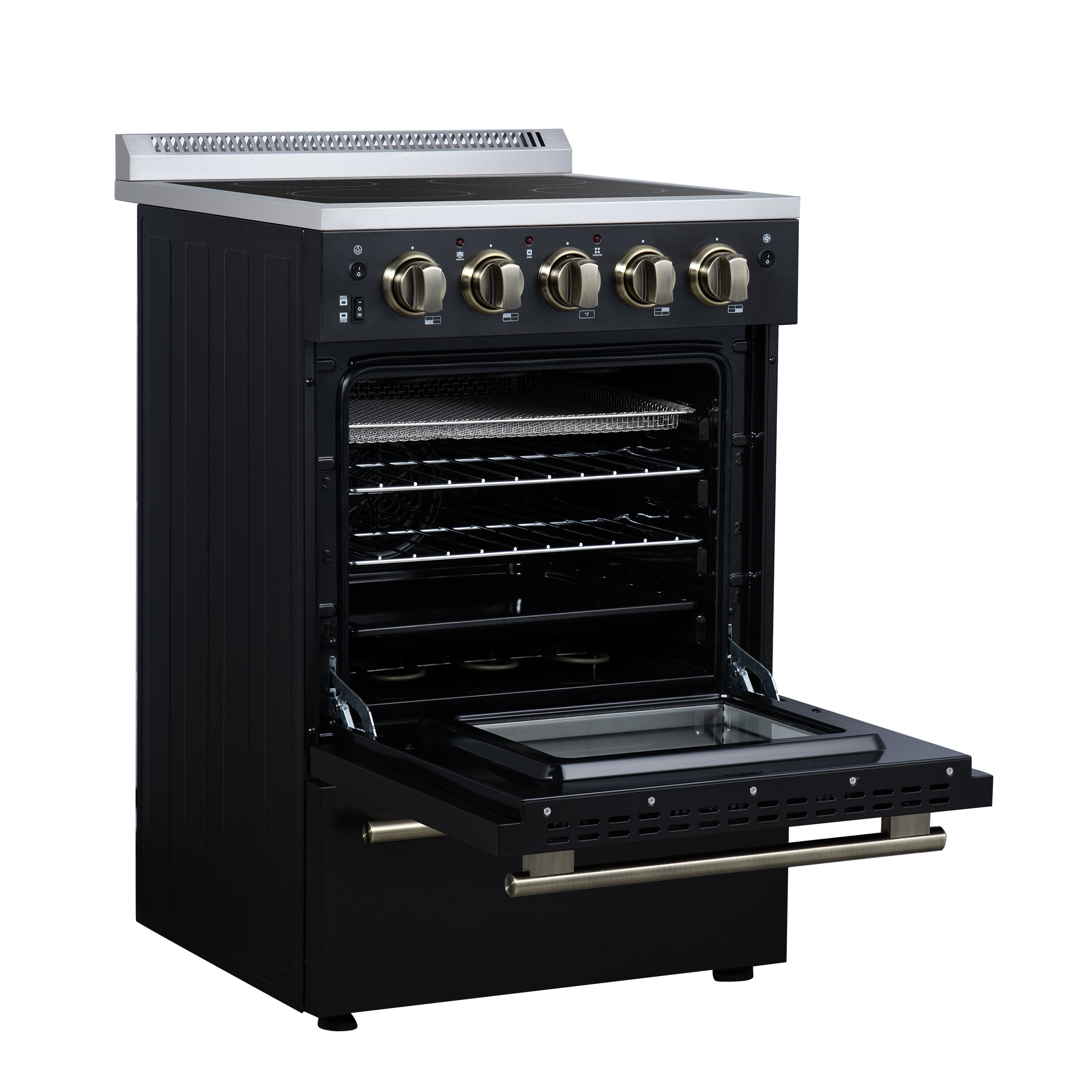 Forno Loiano 24 in. 2.3 cu.ft. Black Electric Range with 4 Burners, Air Fry Kit, Storage Drawer and Antique Brass Accents | FFSEL6069-24BLK