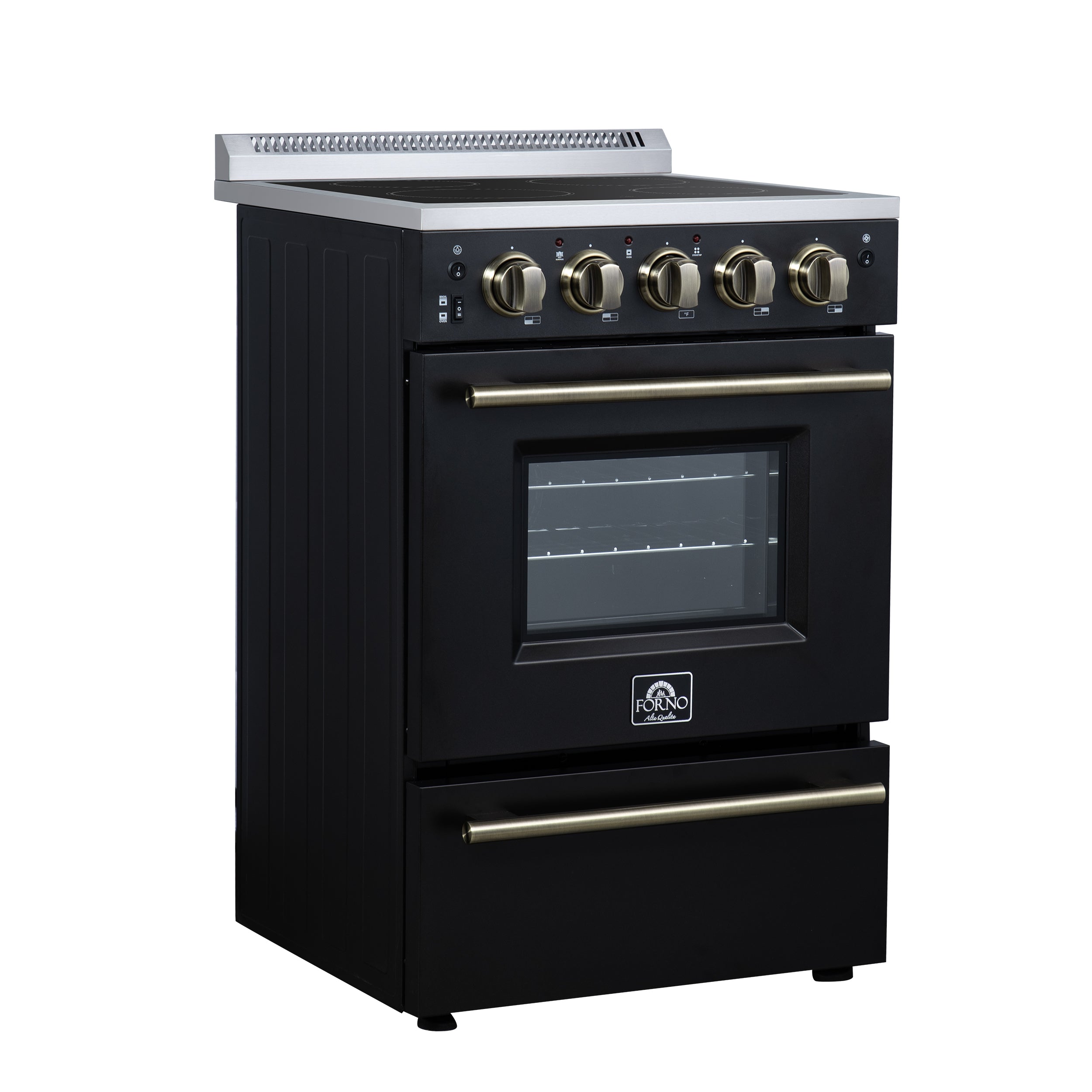 Forno Loiano 24 in. 2.3 cu.ft. Black Electric Range with 4 Burners, Air Fry Kit, Storage Drawer and Antique Brass Accents | FFSEL6069-24BLK