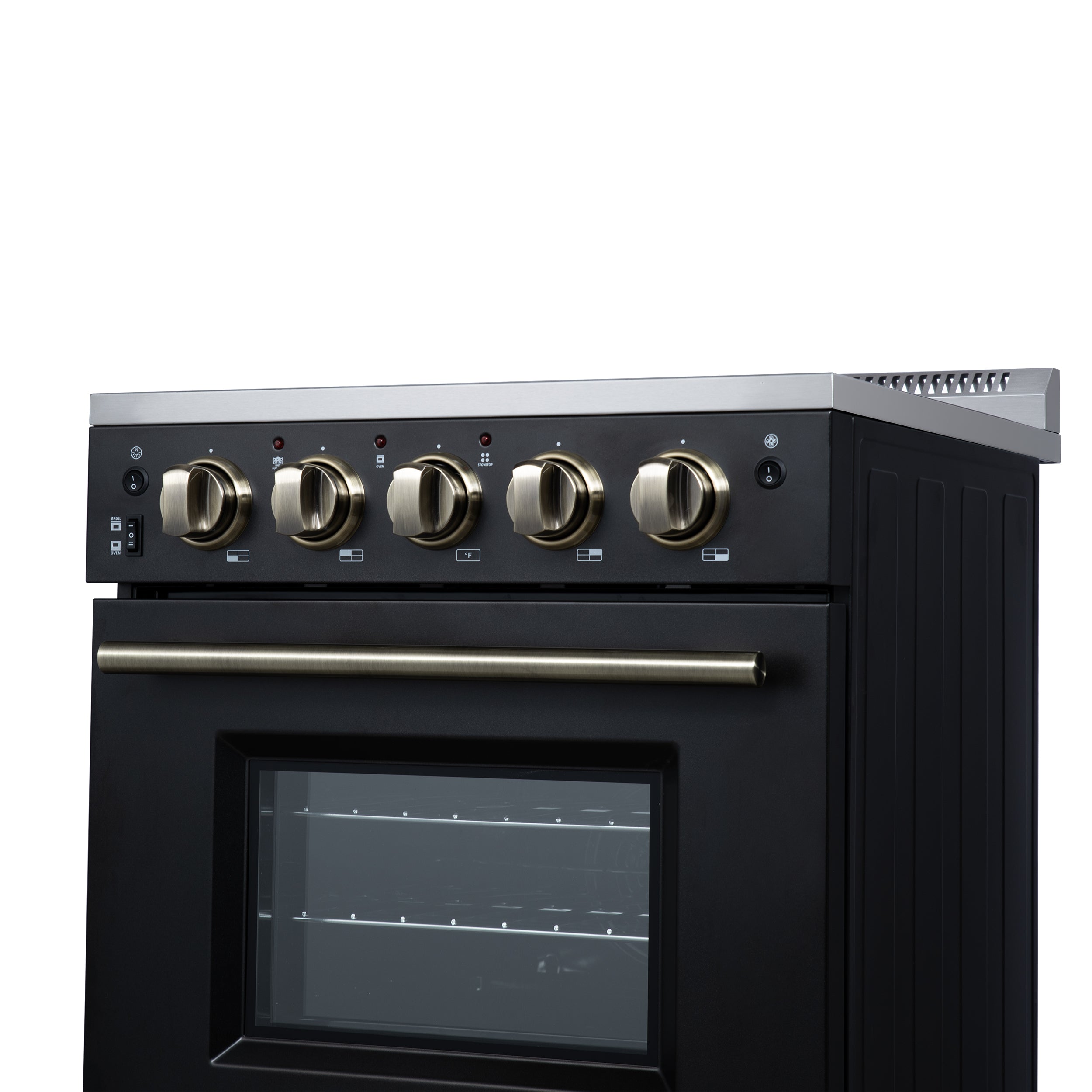 Forno Loiano 24 in. 2.3 cu.ft. Black Electric Range with 4 Burners, Air Fry Kit, Storage Drawer and Antique Brass Accents | FFSEL6069-24BLK