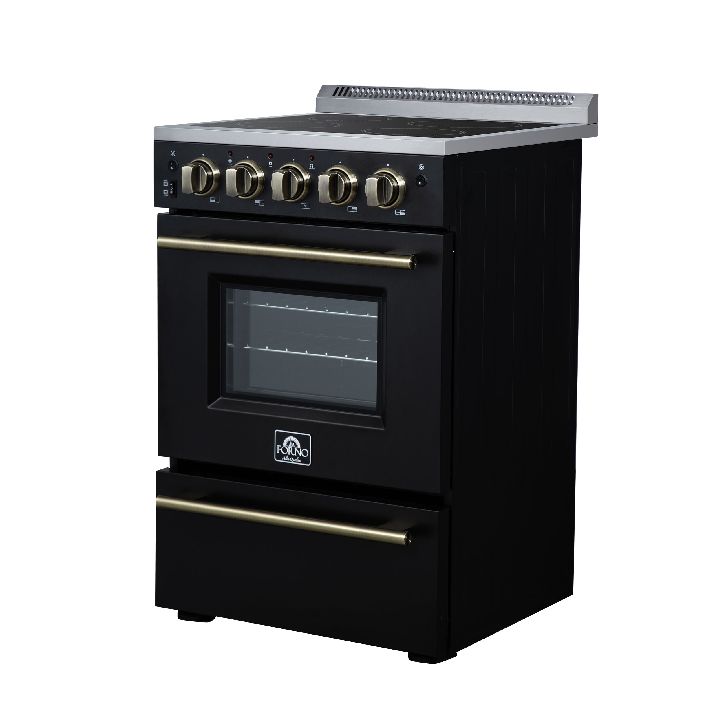 Forno Loiano 24 in. 2.3 cu.ft. Black Electric Range with 4 Burners, Air Fry Kit, Storage Drawer and Antique Brass Accents | FFSEL6069-24BLK