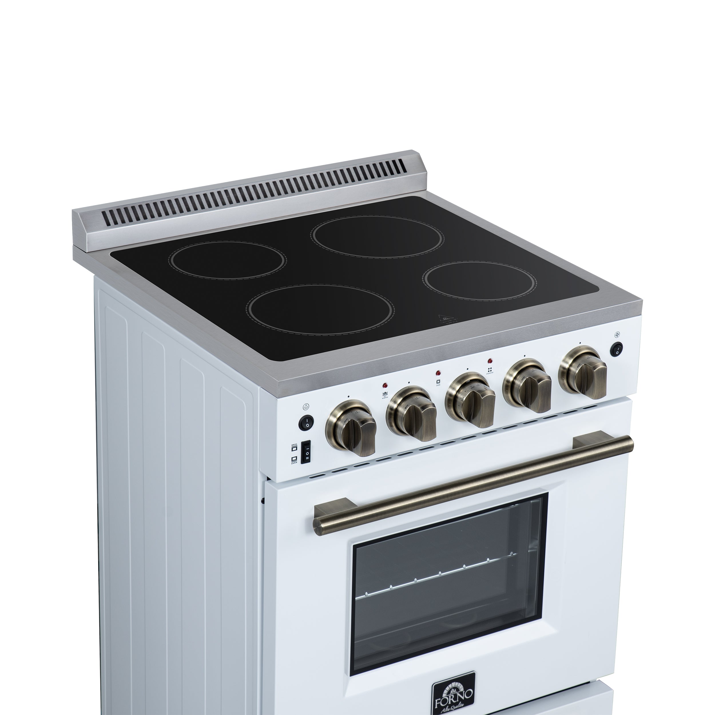 Forno Loiano 24 in. 2.3 cu.ft. White Electric Range with 4 Burners, Air Fry Kit, Storage Drawer and Antique Brass Accents | FFSEL6069-24WHT
