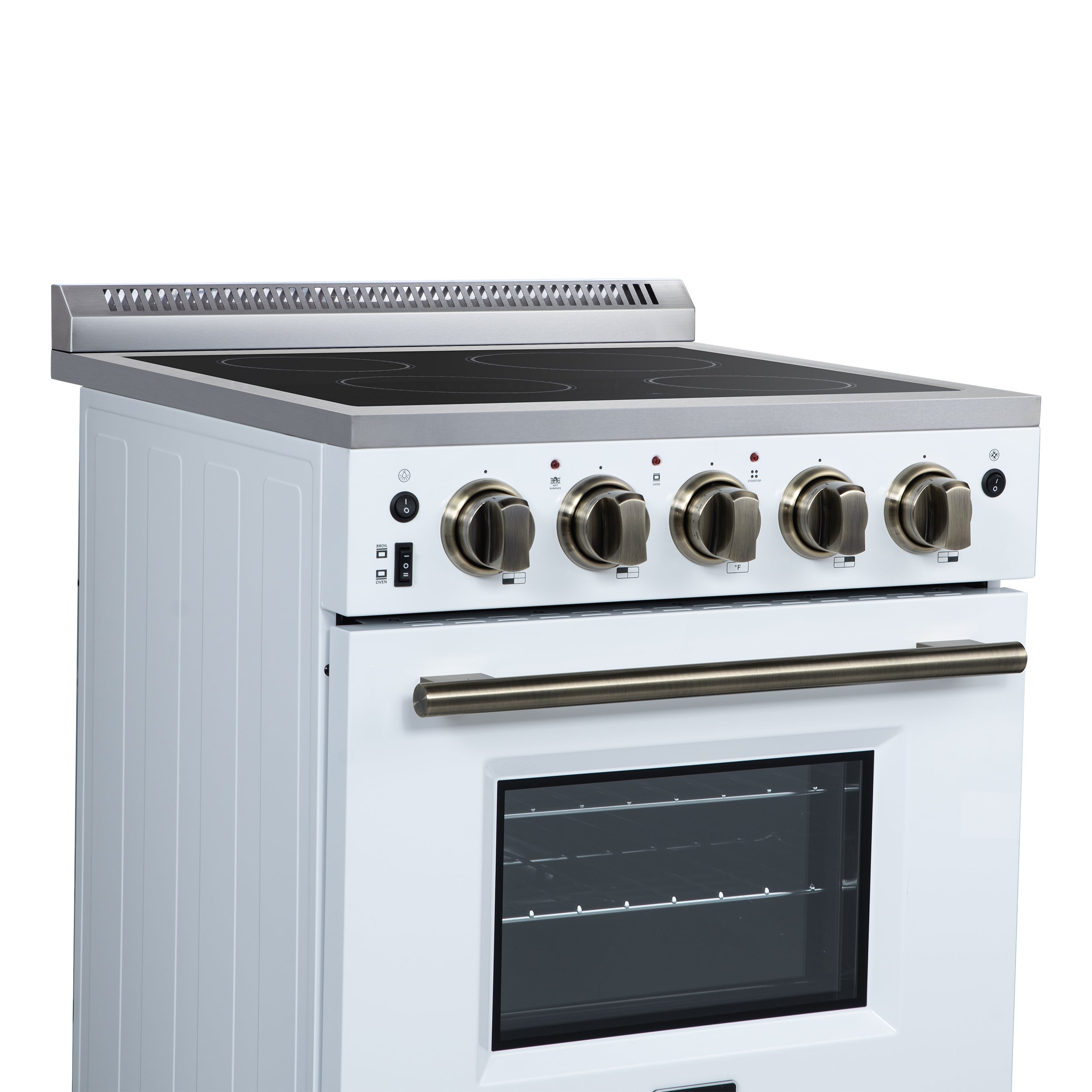 Forno Loiano 24 in. 2.3 cu.ft. White Electric Range with 4 Burners, Air Fry Kit, Storage Drawer and Antique Brass Accents | FFSEL6069-24WHT