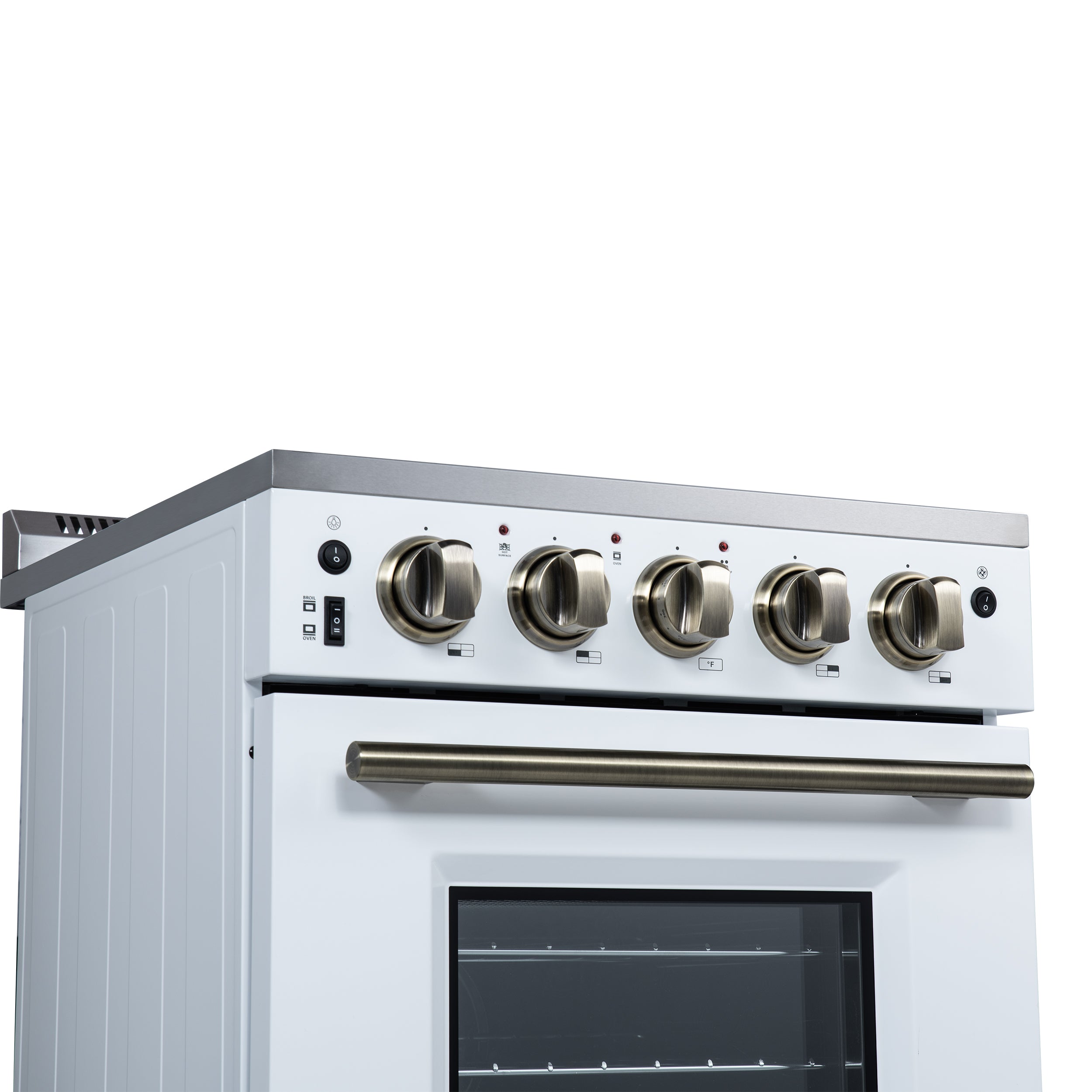 Forno Loiano 24 in. 2.3 cu.ft. White Electric Range with 4 Burners, Air Fry Kit, Storage Drawer and Antique Brass Accents | FFSEL6069-24WHT