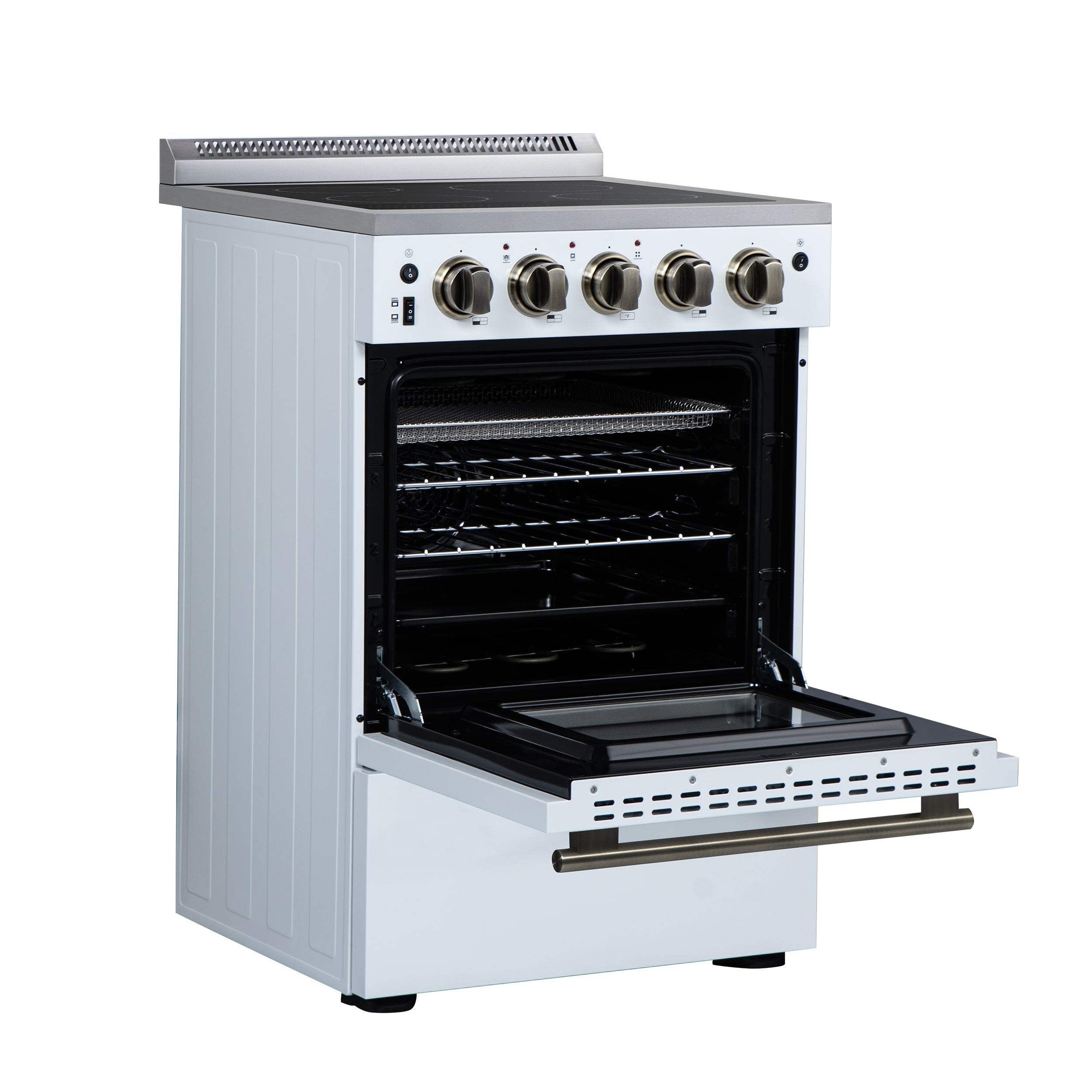 Forno Loiano 24 in. 2.3 cu.ft. White Electric Range with 4 Burners, Air Fry Kit, Storage Drawer and Antique Brass Accents | FFSEL6069-24WHT