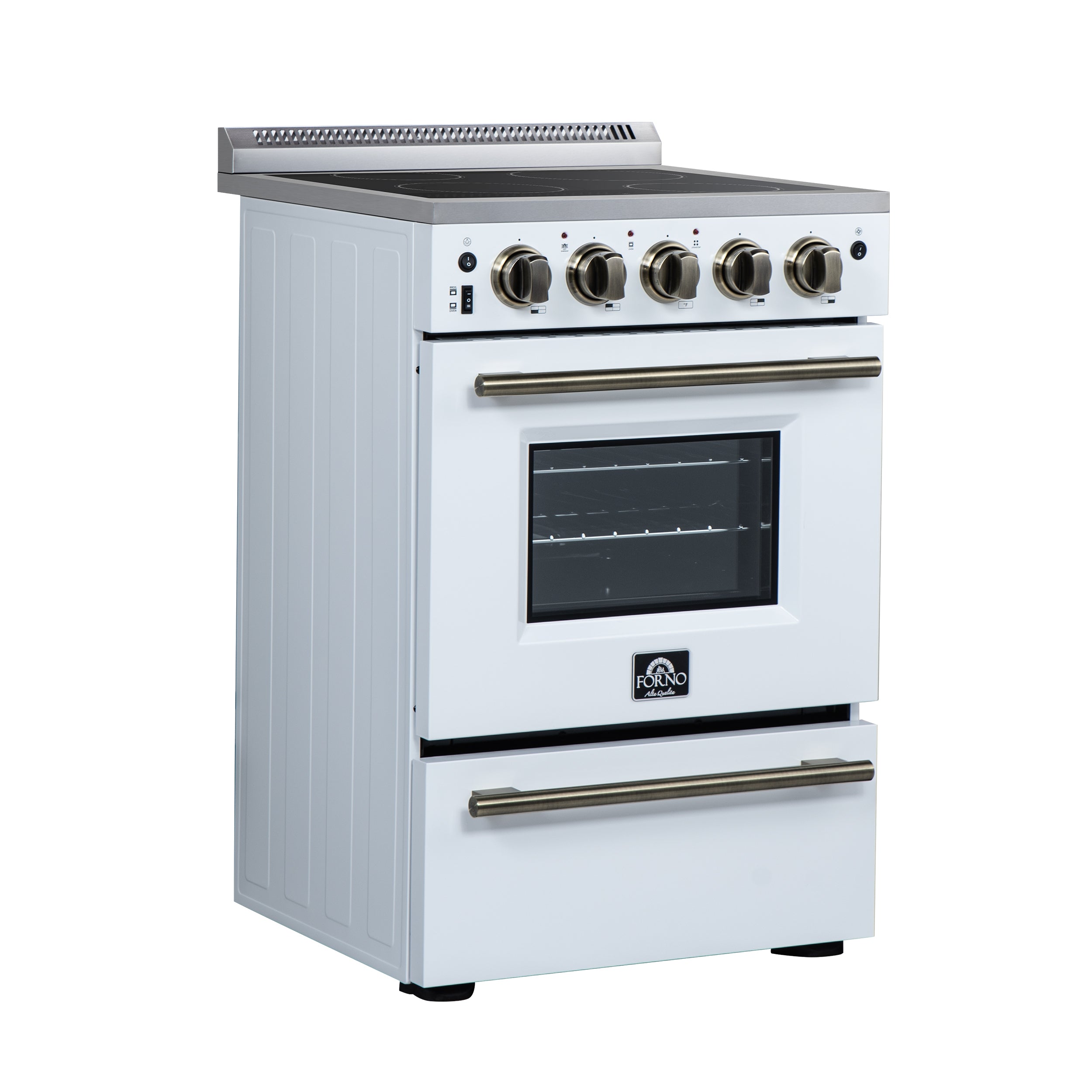 Forno Loiano 24 in. 2.3 cu.ft. White Electric Range with 4 Burners, Air Fry Kit, Storage Drawer and Antique Brass Accents | FFSEL6069-24WHT