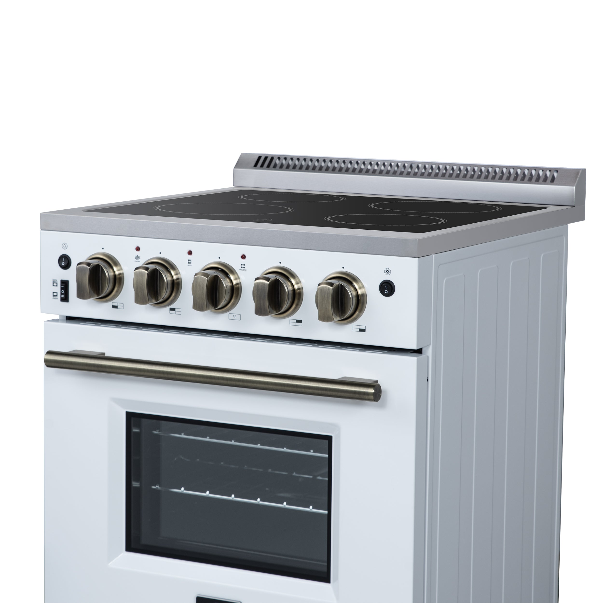 Forno Loiano 24 in. 2.3 cu.ft. White Electric Range with 4 Burners, Air Fry Kit, Storage Drawer and Antique Brass Accents | FFSEL6069-24WHT