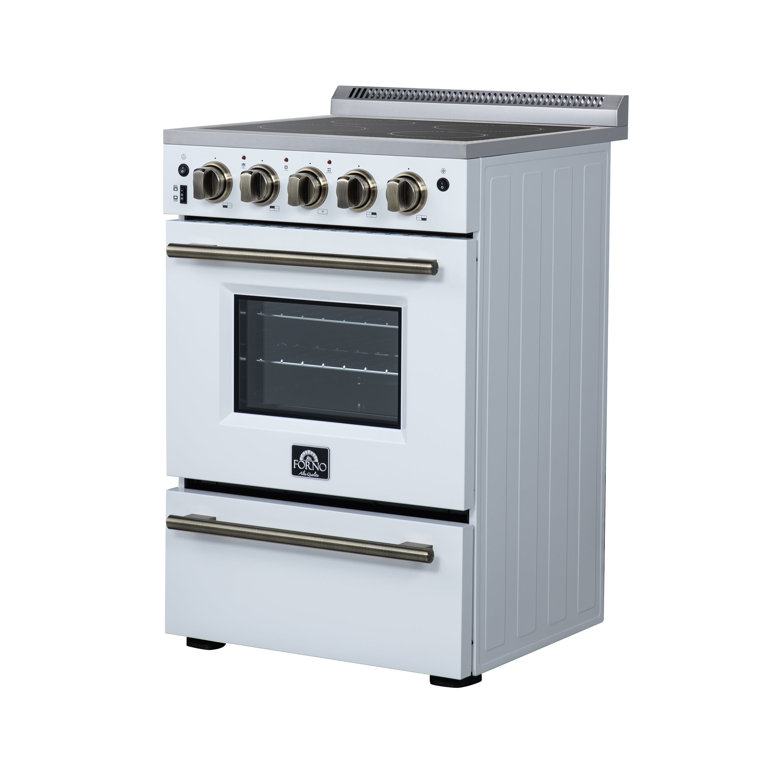 Forno Loiano 24 in. 2.3 cu.ft. White Electric Range with 4 Burners, Air Fry Kit, Storage Drawer and Antique Brass Accents | FFSEL6069-24WHT
