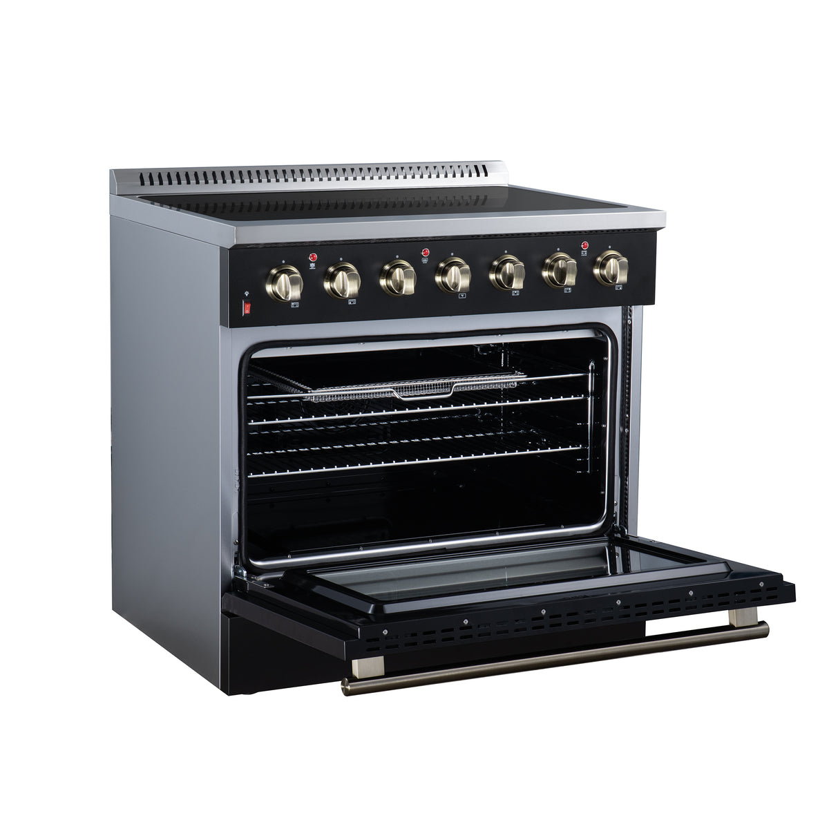Forno Galiano 36 in. 5.36 cu. ft. Black Electric Range with Antique Brass Accents | FFSEL6083-36BLK