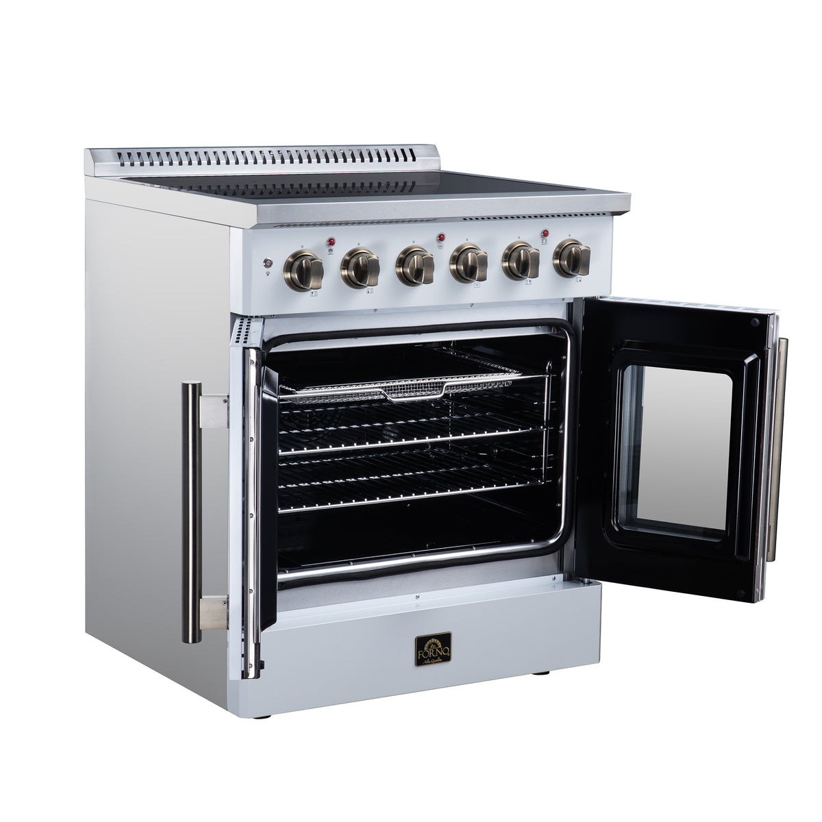 Forno Galiano 30 in. 4.32 cu. ft. White French Door Electric Range with Air Fry and Antique Brass Accents | FFSEL6917-30WHT