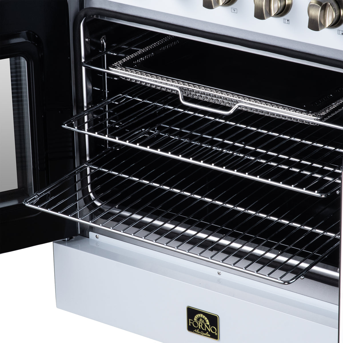 Forno Galiano 30 in. 4.32 cu. ft. White French Door Electric Range with Air Fry and Antique Brass Accents | FFSEL6917-30WHT