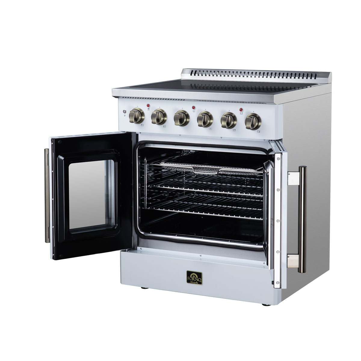 Forno Galiano 30 in. 4.32 cu. ft. White French Door Electric Range with Air Fry and Antique Brass Accents | FFSEL6917-30WHT