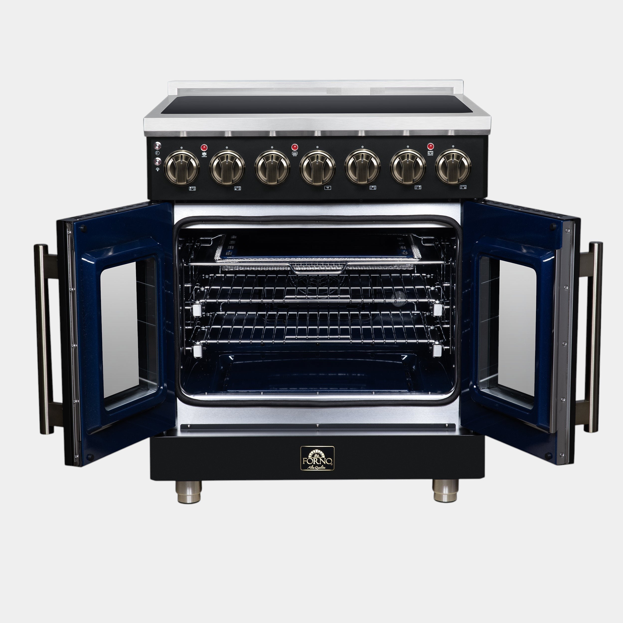 Massimo 30 Inch French Door Electric range, 5 radiant burners, 4.32 cf. True Convection oven, Air fryer kit, Black