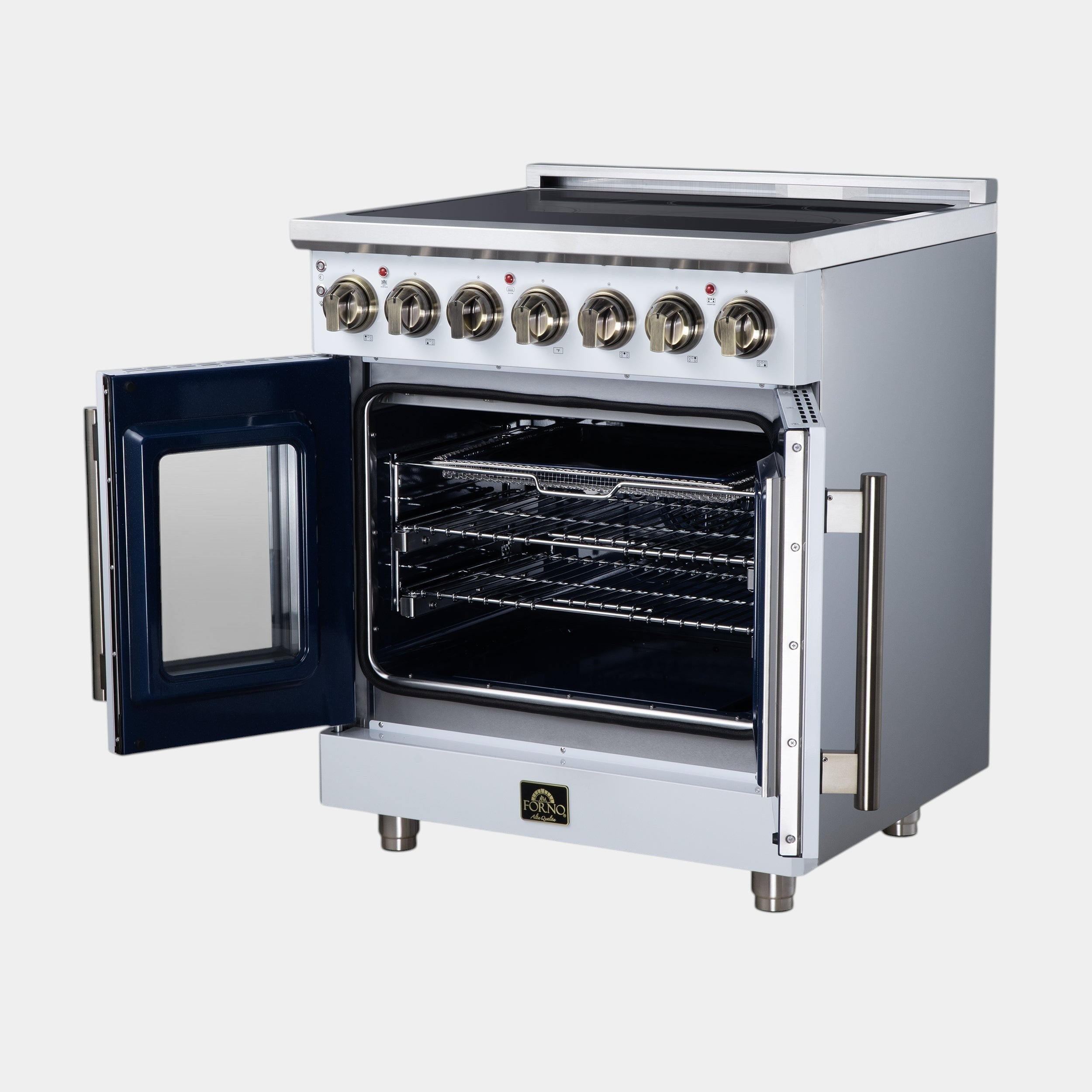 Massimo 30 Inch French Door Electric range, 5 radiant burners, 4.32 cf. True Convection oven, Air fryer kit, White