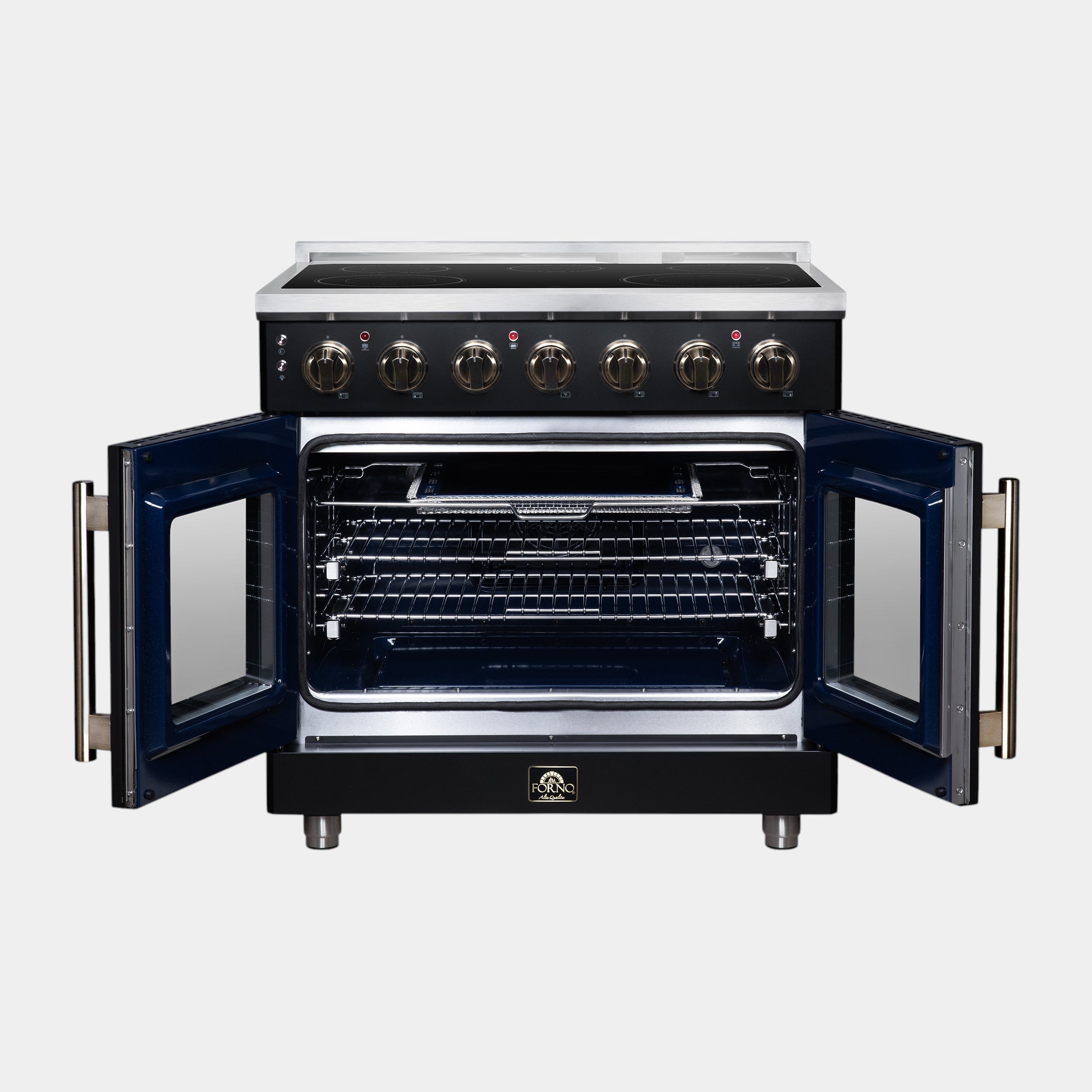Massimo 36 Inch French Door Electric range, 5 radiant burners, 5.36 cf. True Convection oven, Air fryer kit, Black