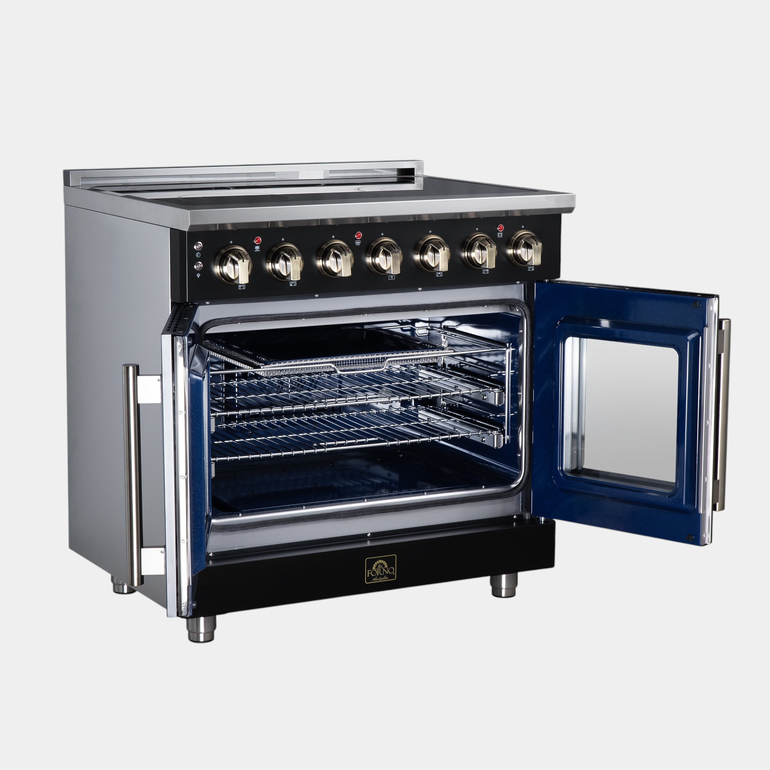 Massimo 36 Inch French Door Electric range, 5 radiant burners, 5.36 cf. True Convection oven, Air fryer kit, Black