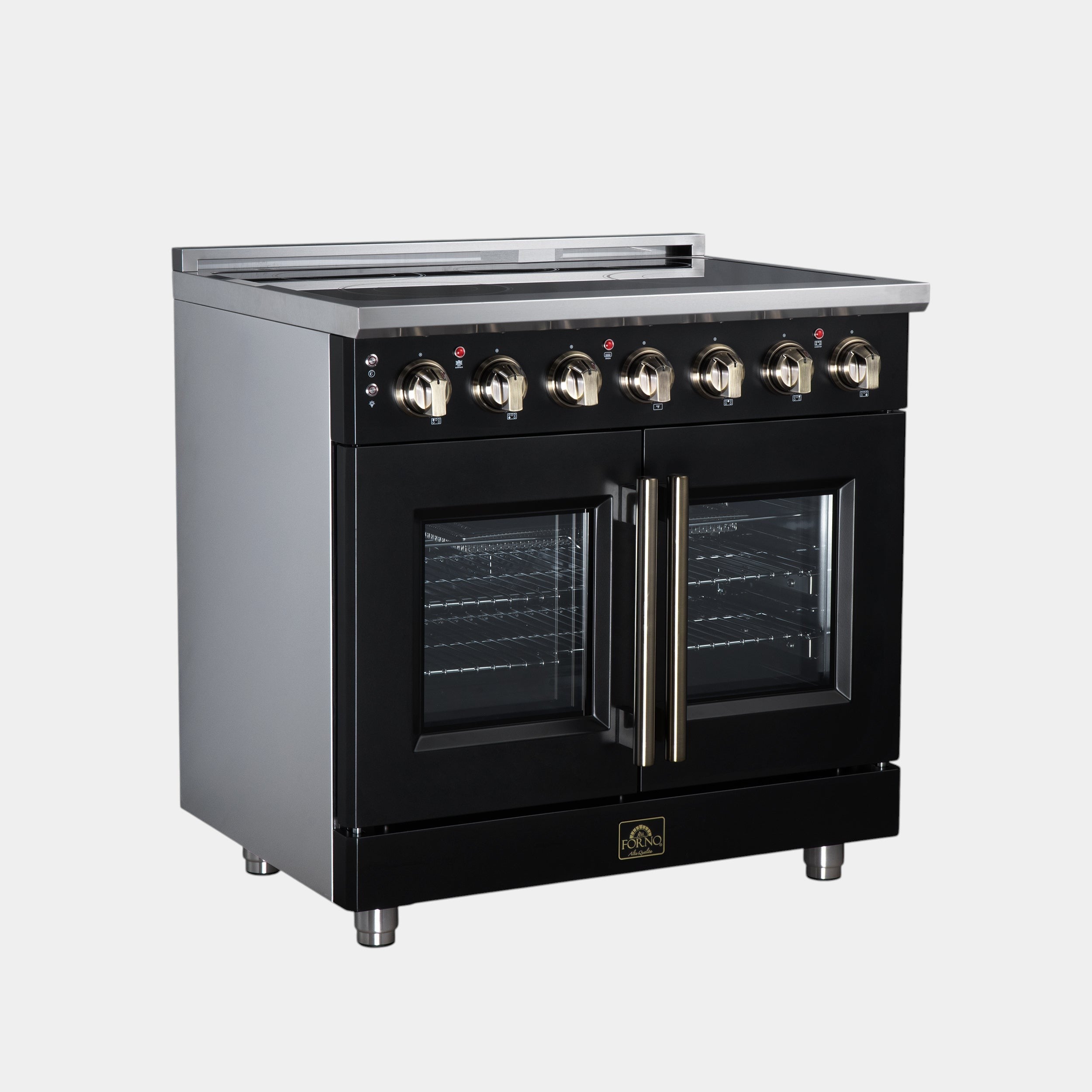 Massimo 36 Inch French Door Electric range, 5 radiant burners, 5.36 cf. True Convection oven, Air fryer kit, Black