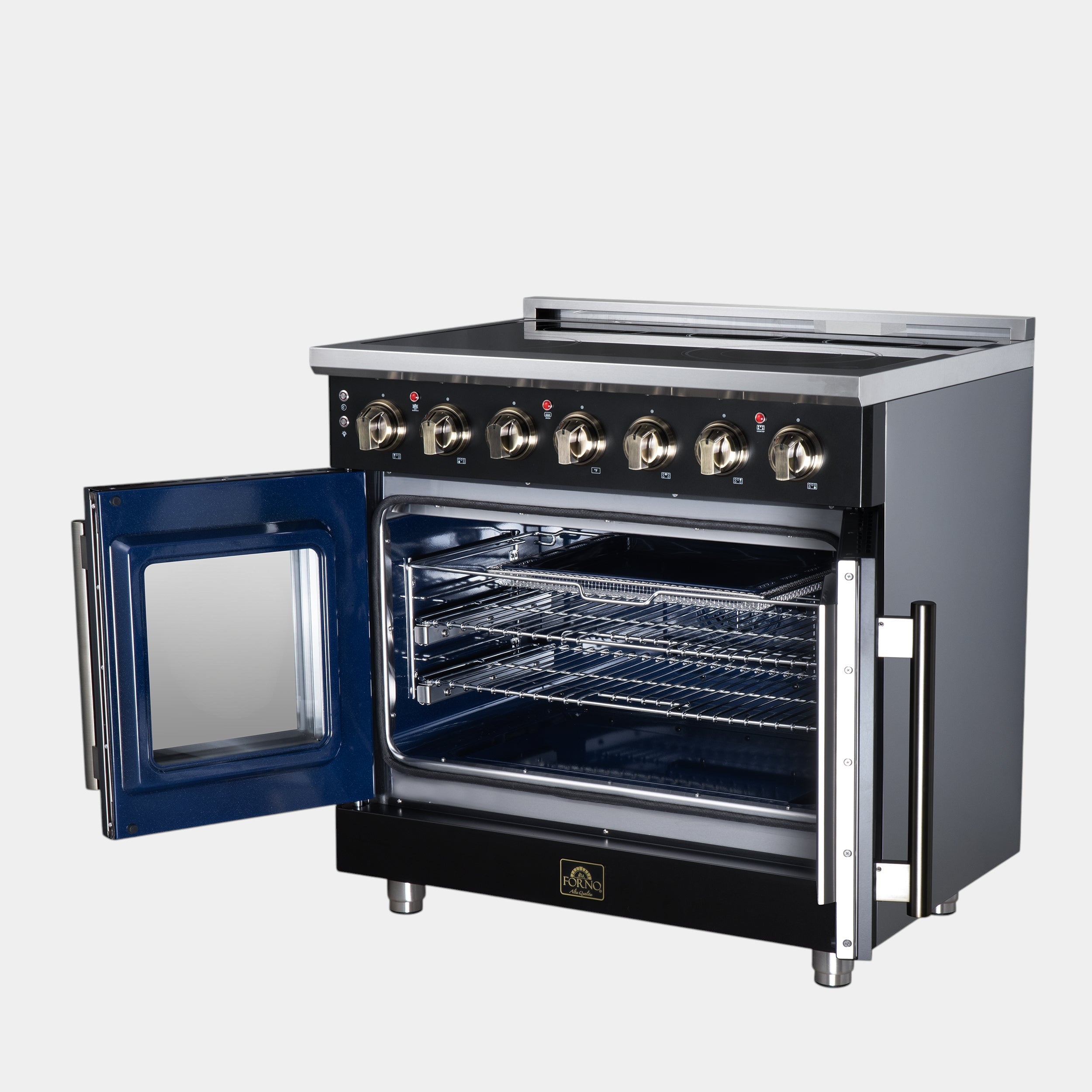 Massimo 36 Inch French Door Electric range, 5 radiant burners, 5.36 cf. True Convection oven, Air fryer kit, Black