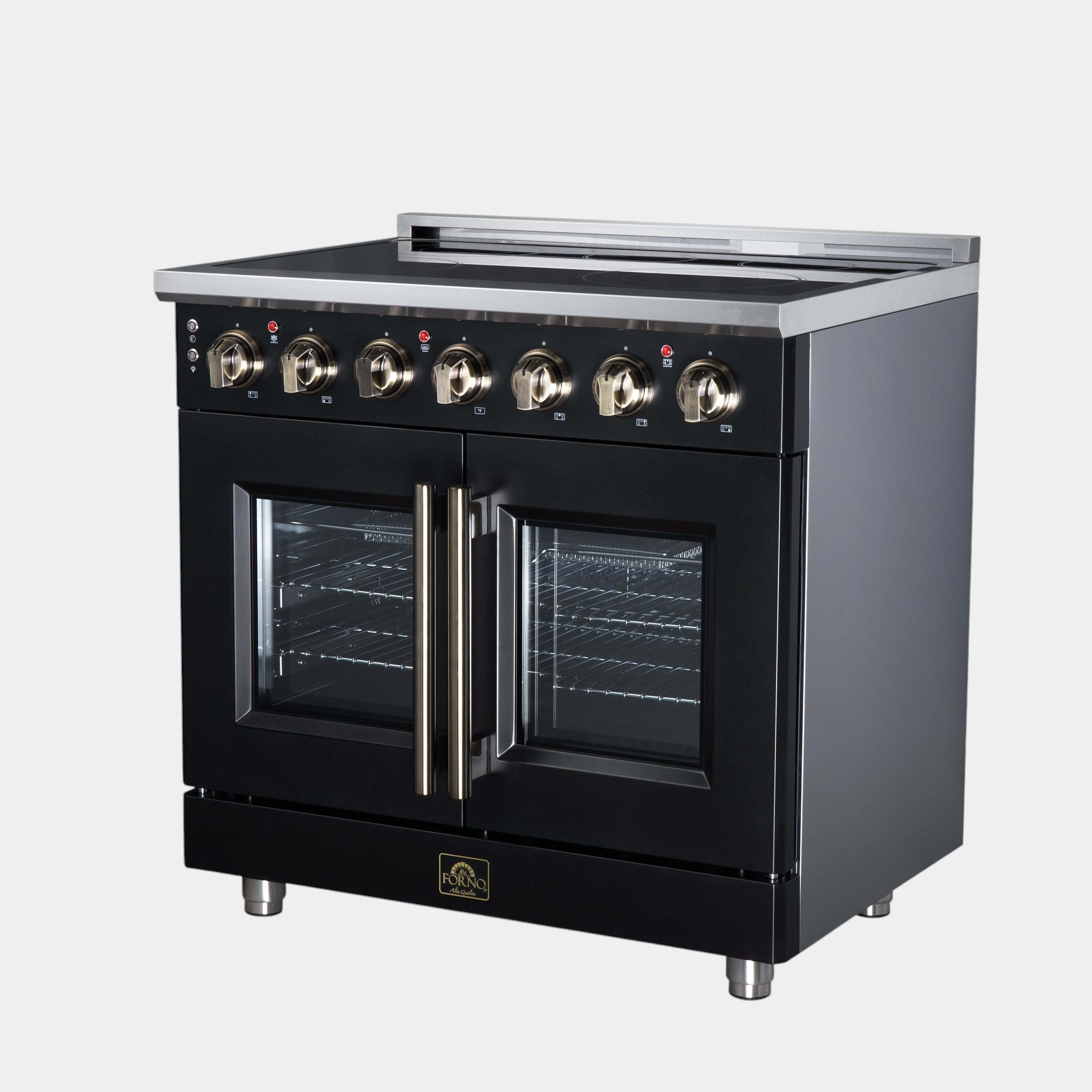 Massimo 36 Inch French Door Electric range, 5 radiant burners, 5.36 cf. True Convection oven, Air fryer kit, Black