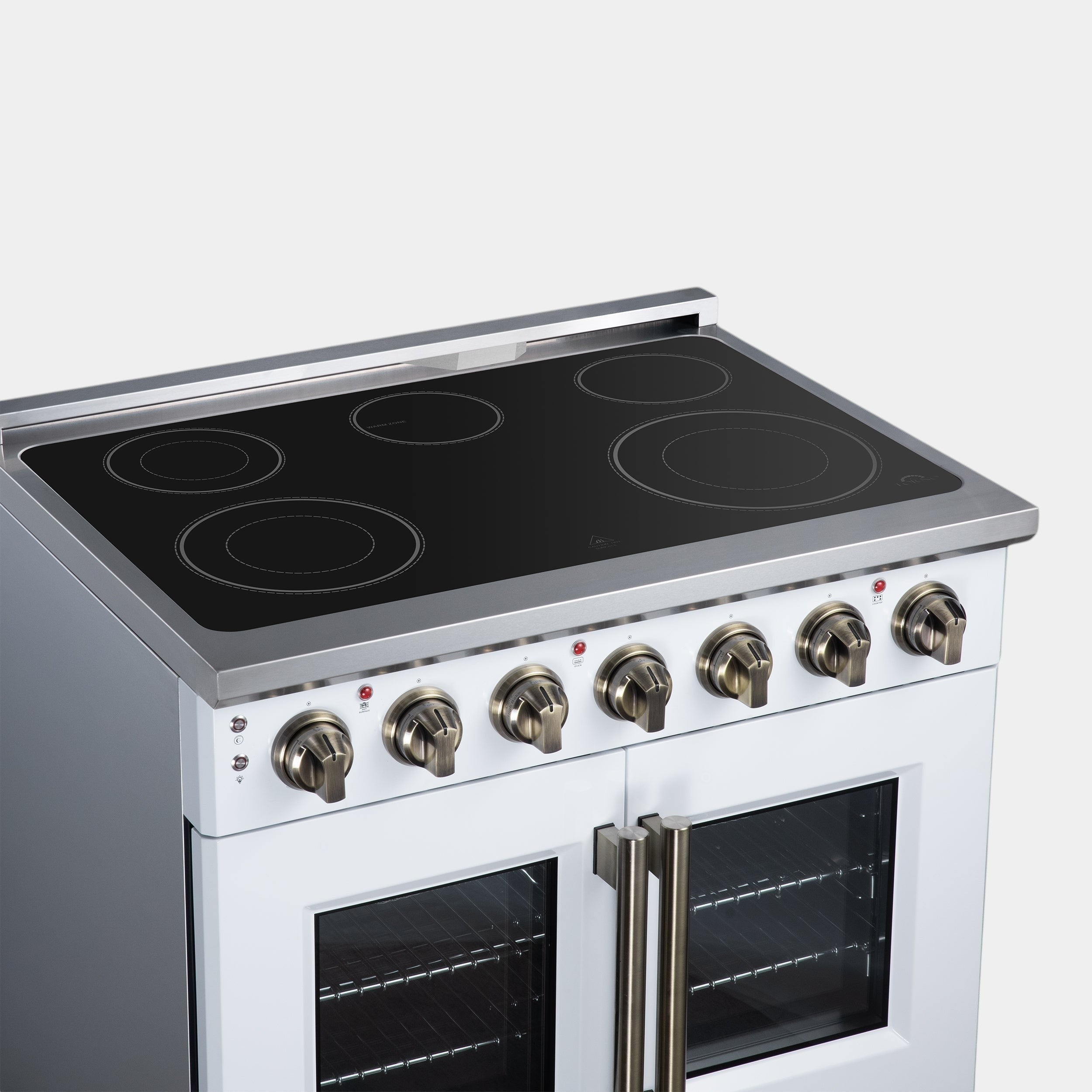 Massimo 36 Inch French Door Electric range, 5 radiant burners, 5.36 cf. True Convection oven, Air fryer kit, White