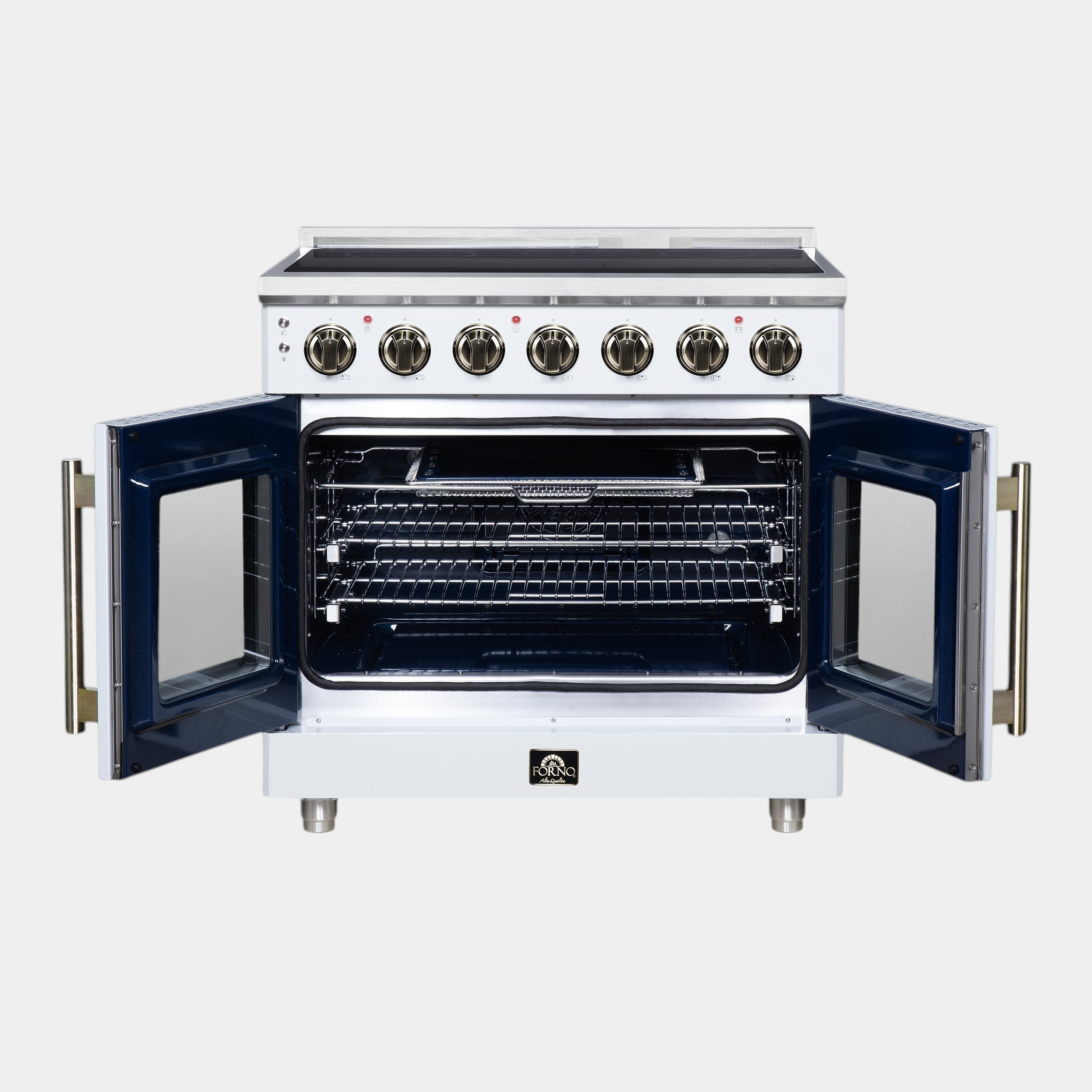 Massimo 36 Inch French Door Electric range, 5 radiant burners, 5.36 cf. True Convection oven, Air fryer kit, White