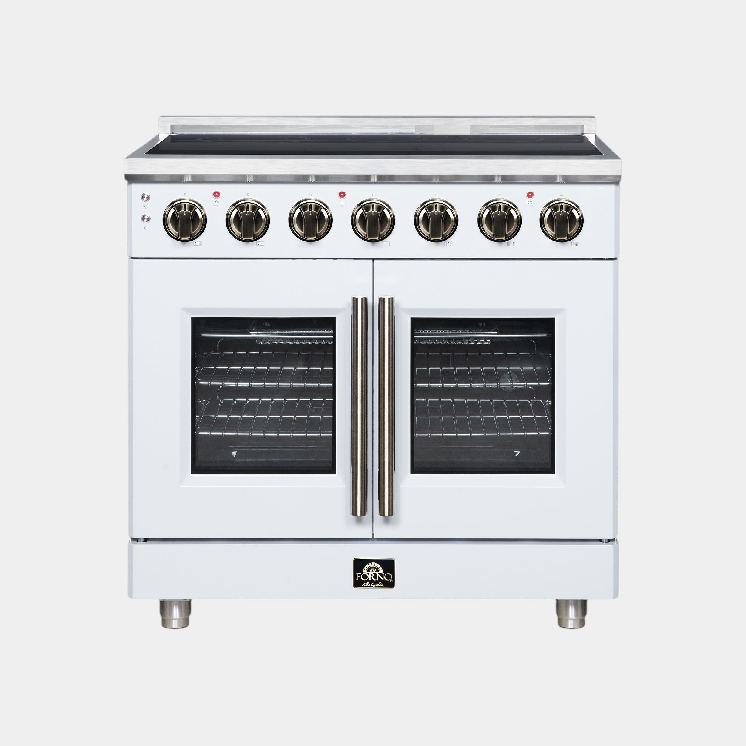 Massimo 36 Inch French Door Electric range, 5 radiant burners, 5.36 cf. True Convection oven, Air fryer kit, White